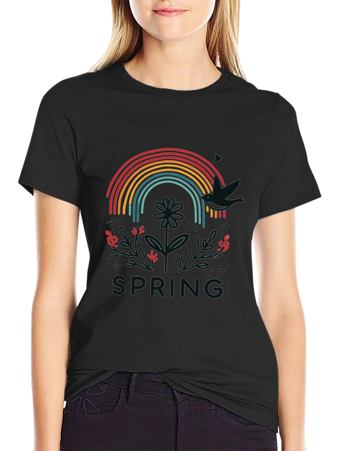 Rainbow Spring Graphic Tee - Stylish Mens Black T-Shirt