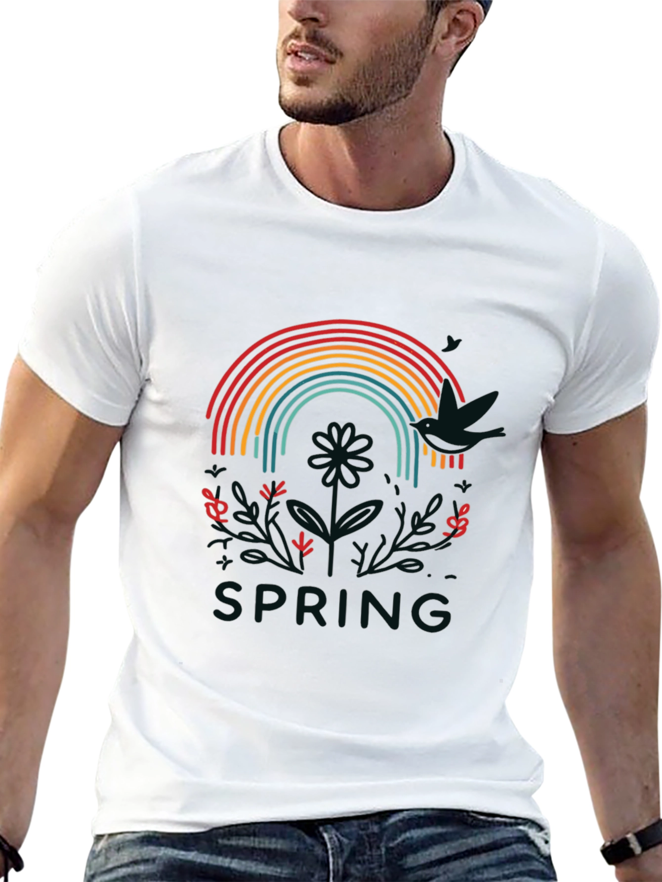 Rainbow Spring Graphic Tee - Stylish Mens Black T-Shirt