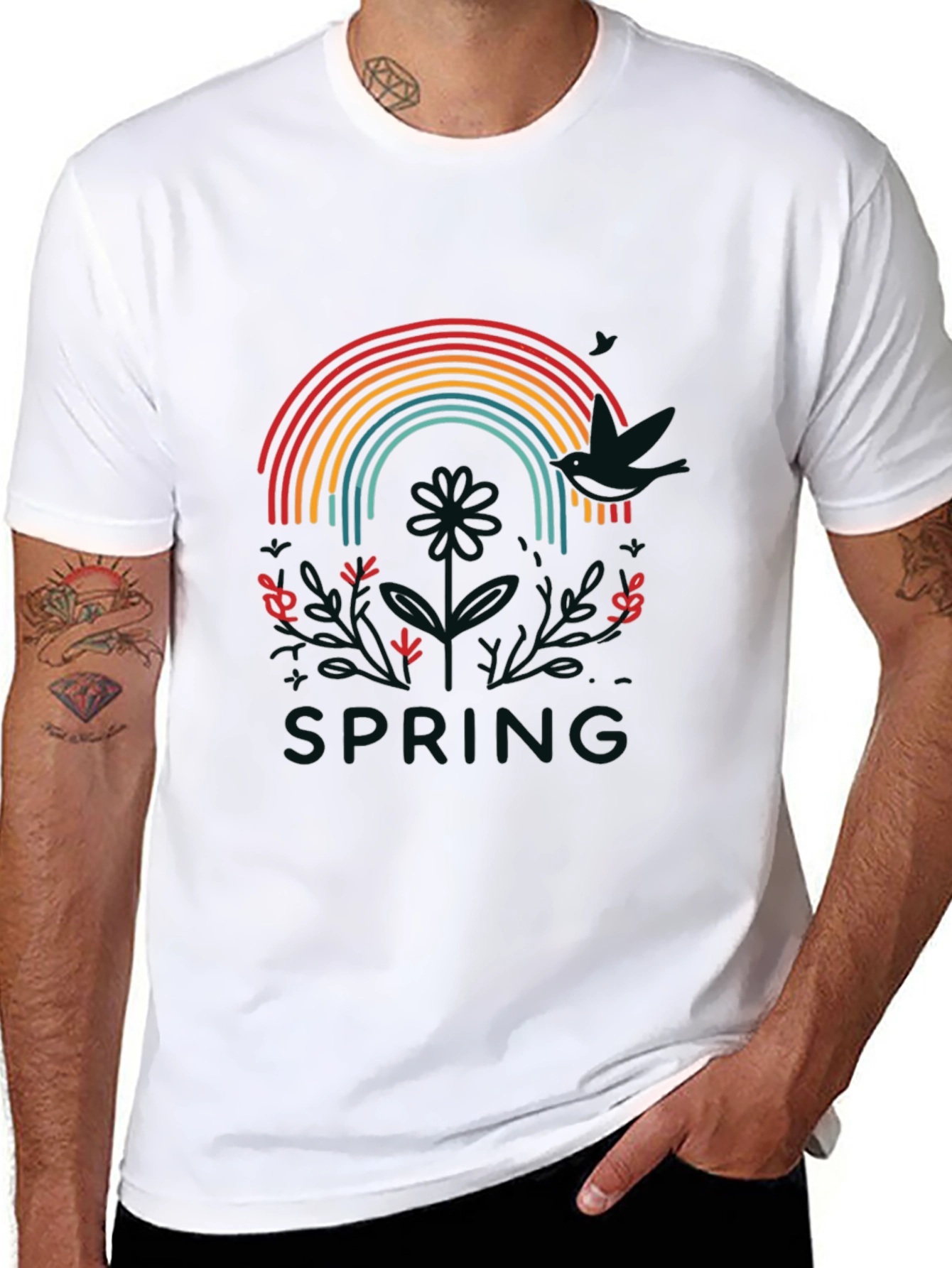 Rainbow Spring Graphic Tee - Stylish Mens Black T-Shirt