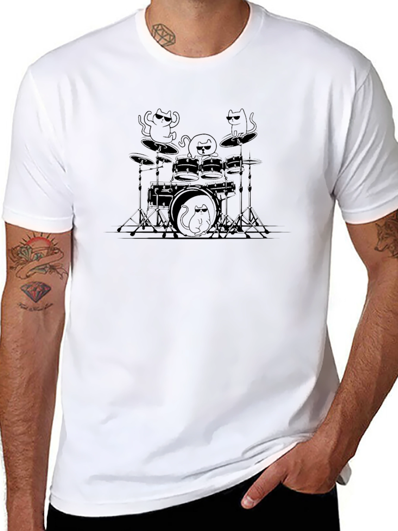 Cat Band Drummer T-Shirt - Black