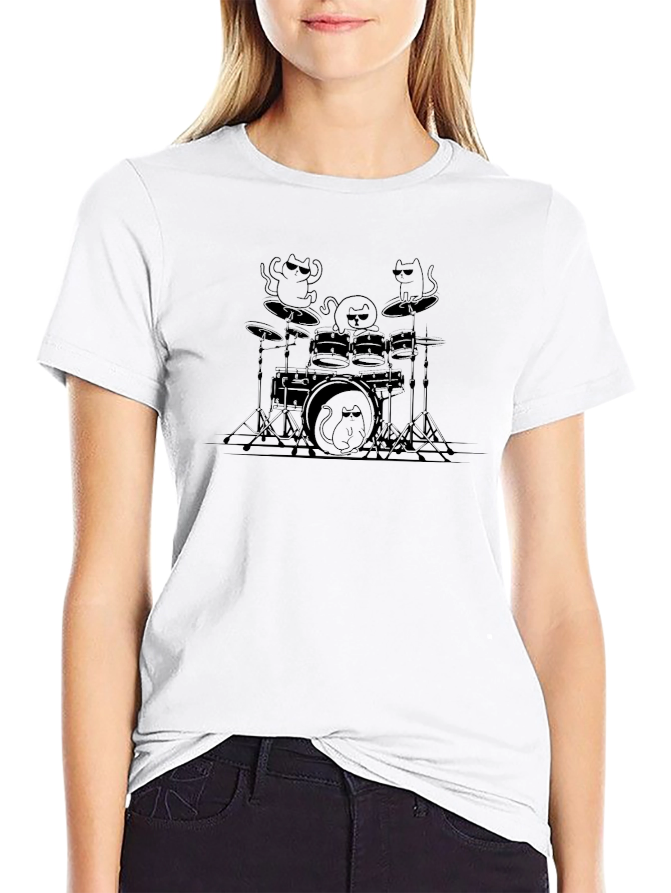 Cat Band Drummer T-Shirt - Black