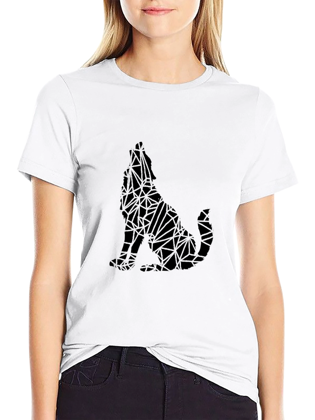 Geometric Wolf Graphic Print Black T-Shirt