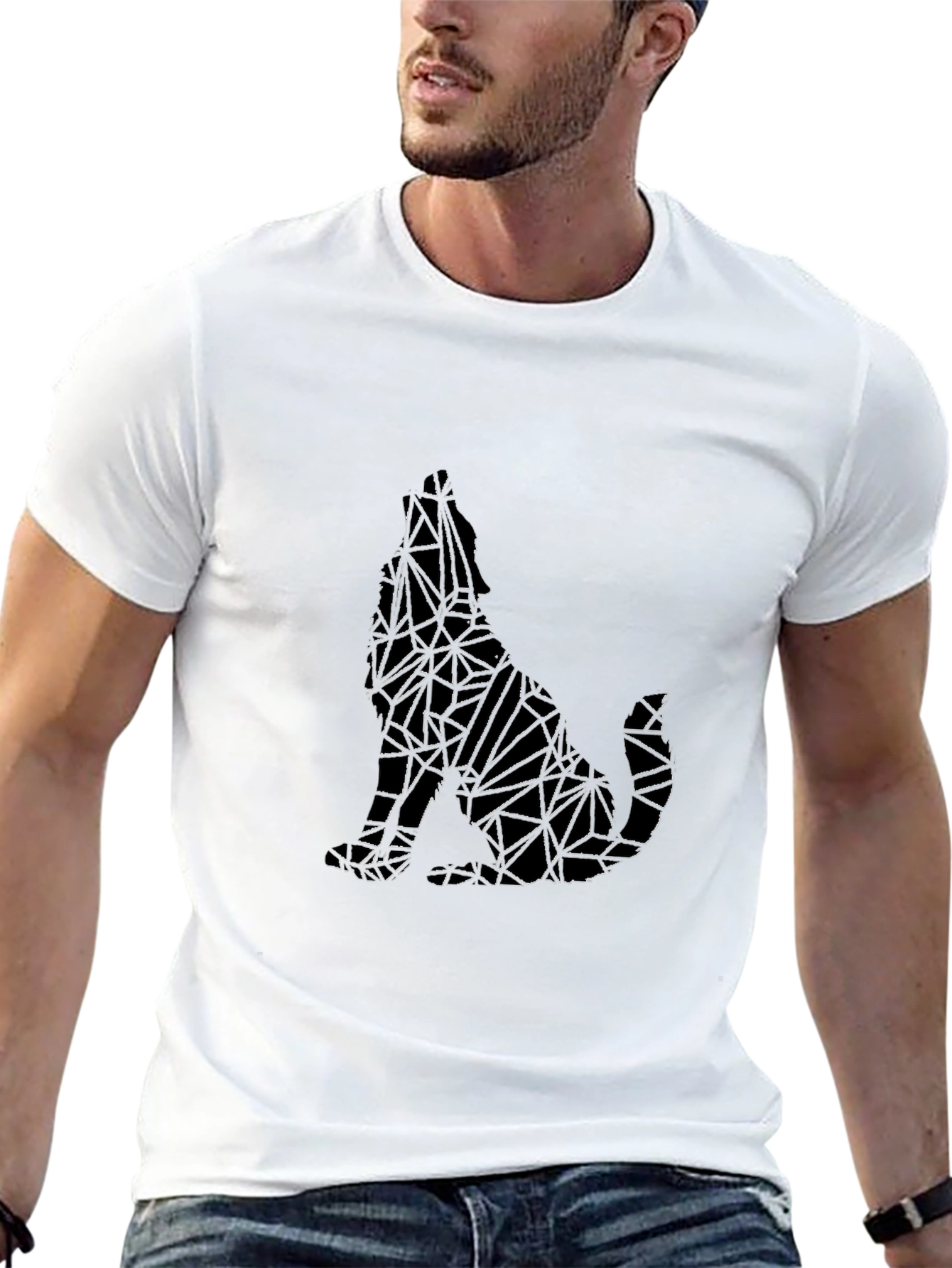 Geometric Wolf Graphic Print Black T-Shirt