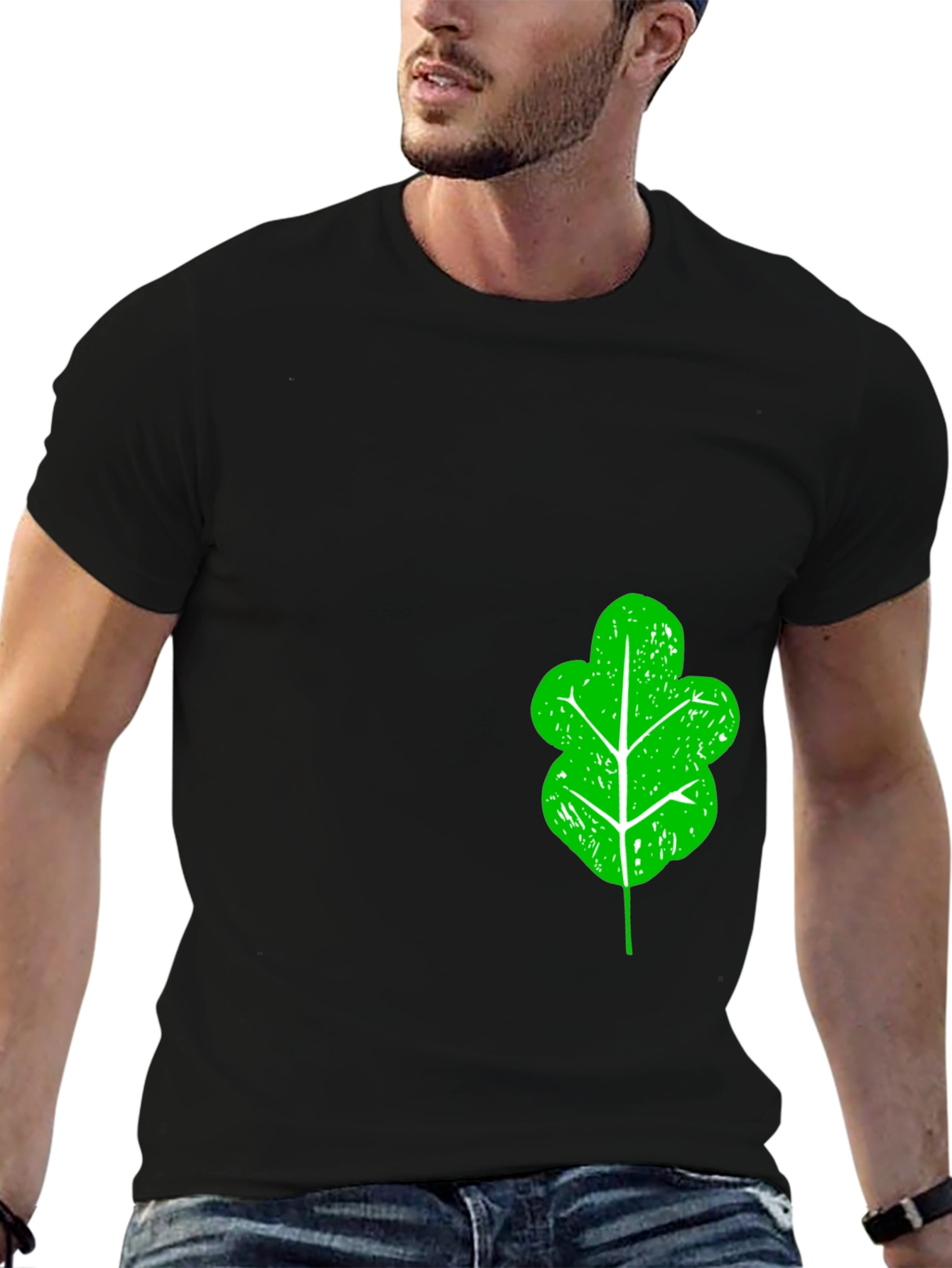Green Leaf Graphic Black T-Shirt