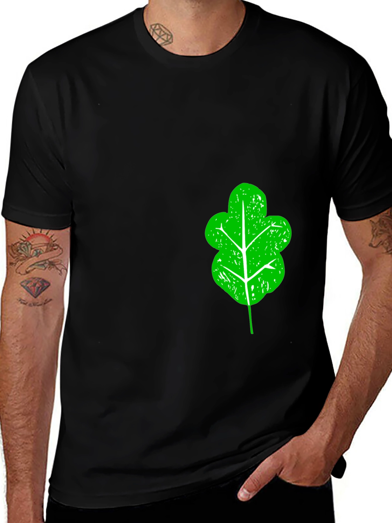 Green Leaf Graphic Black T-Shirt