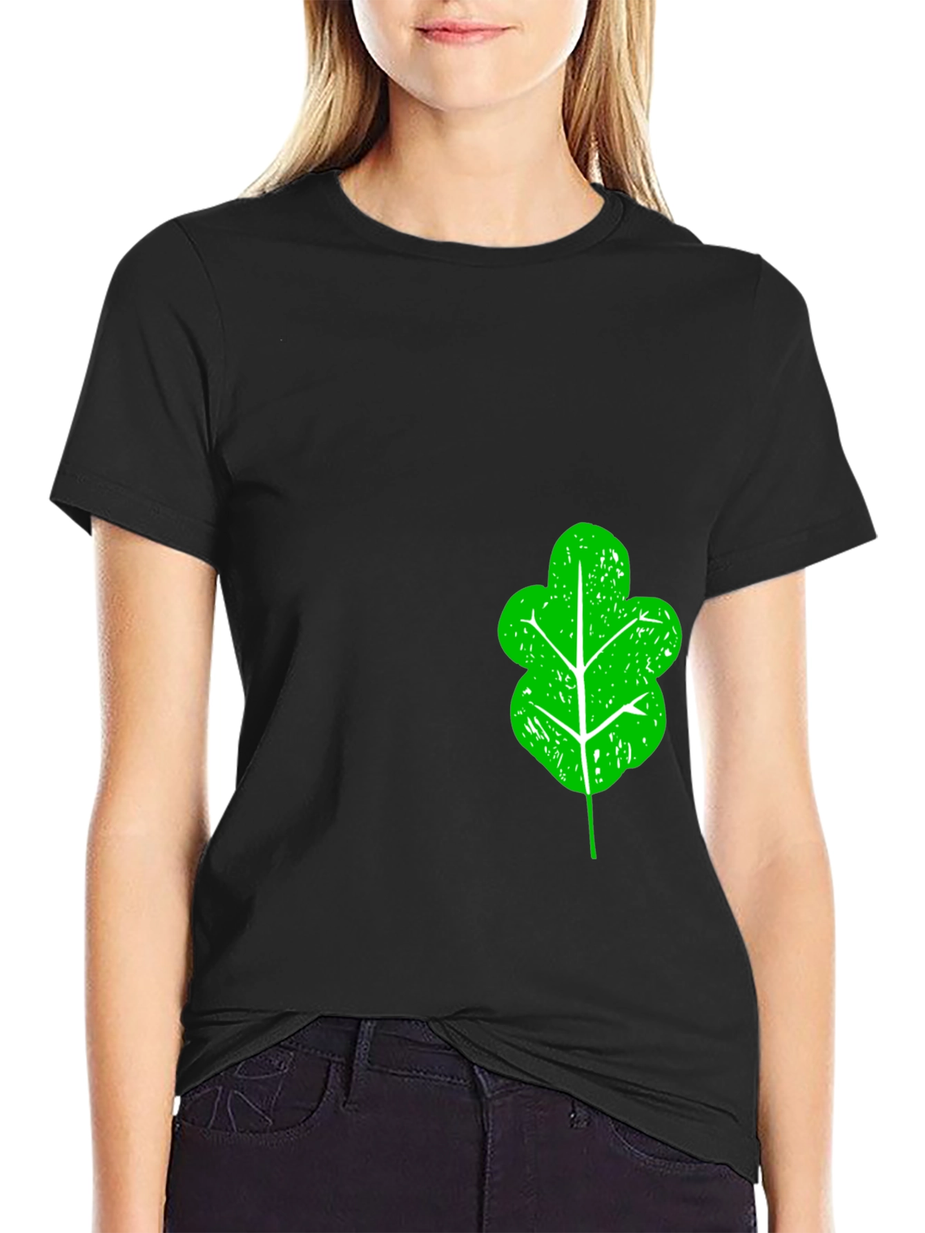 Green Leaf Graphic Black T-Shirt