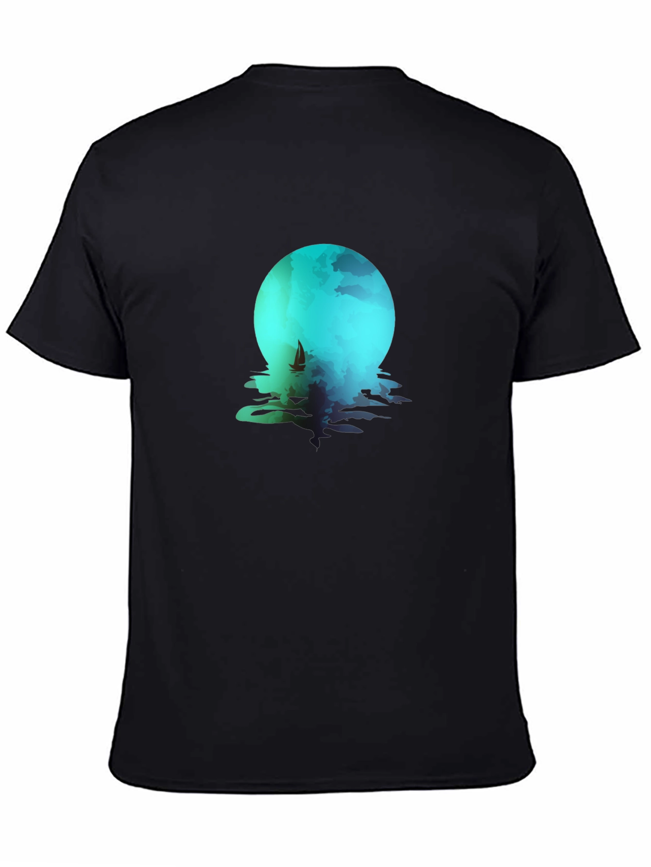 Moonlit Sailboat Graphic Tee - Black Cotton Blend