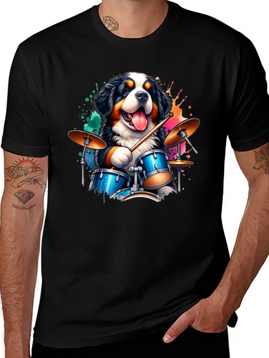 Drummer Dog Graphic Tee - Black Cotton T-Shirt