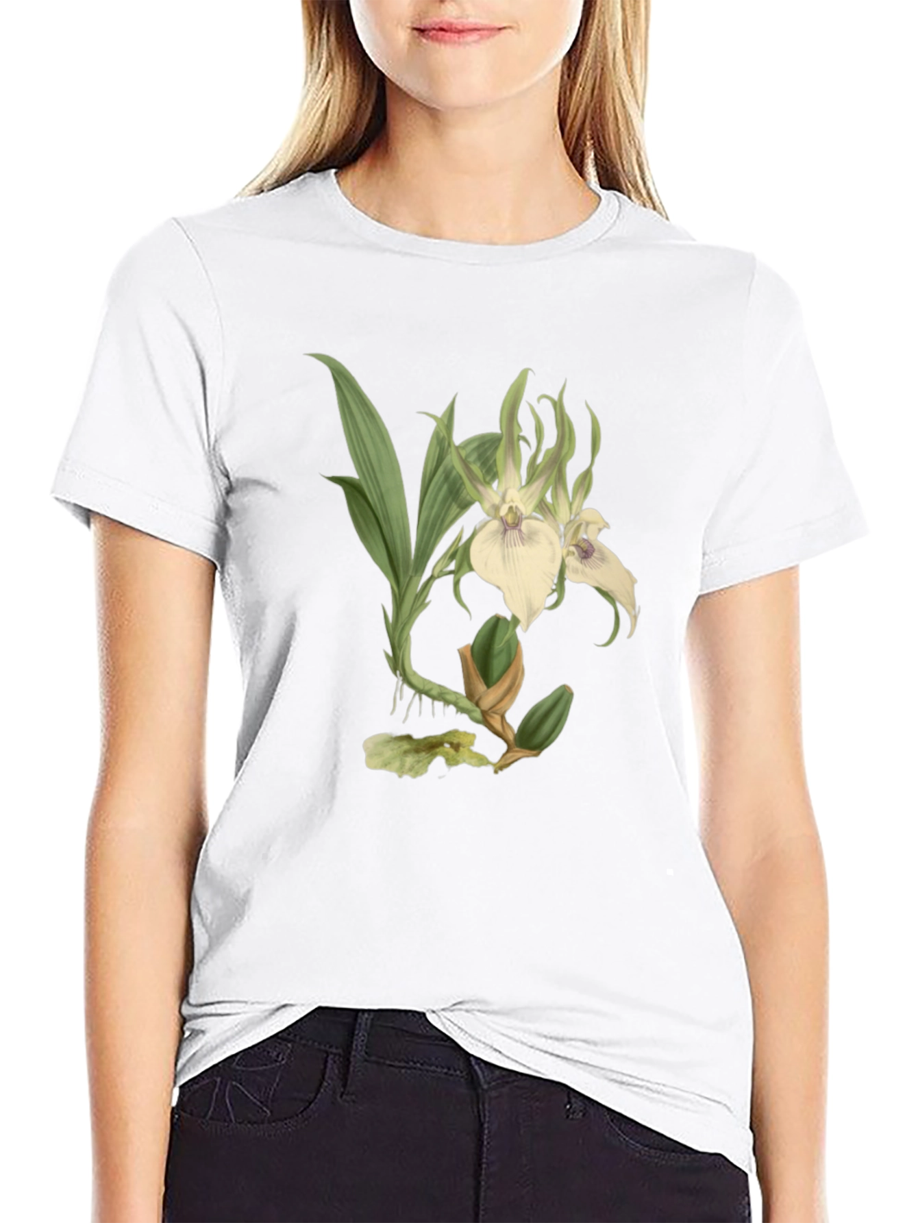 Botanical Orchid Graphic Tee - Black Cotton Blend