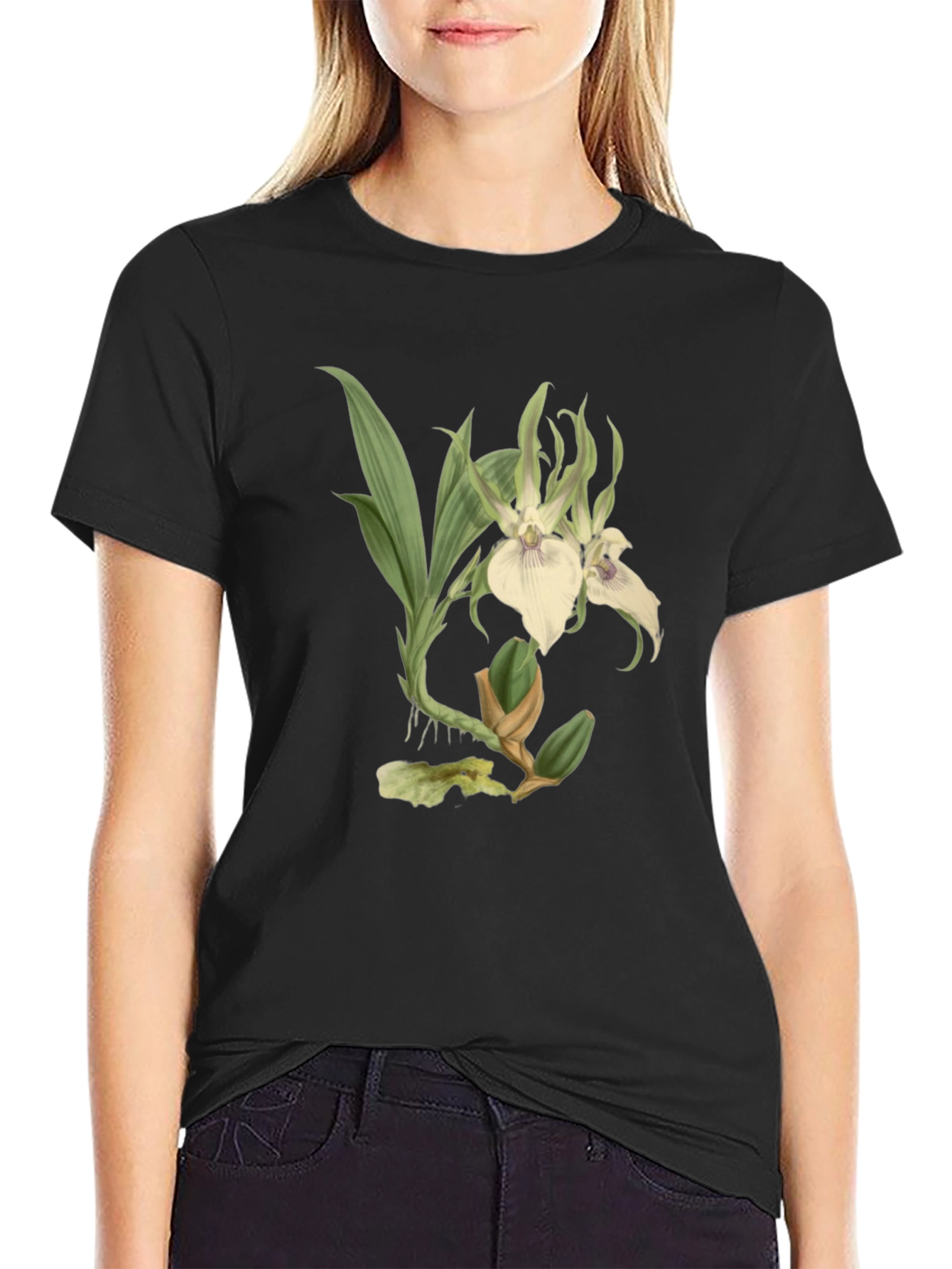 Botanical Orchid Graphic Tee - Black Cotton Blend
