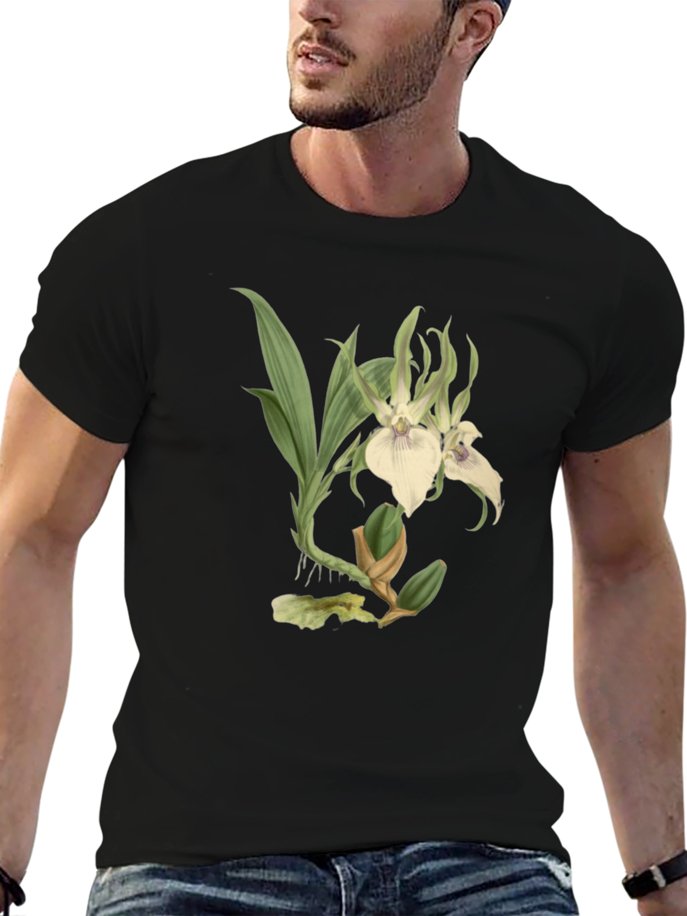 Botanical Orchid Graphic Tee - Black Cotton Blend