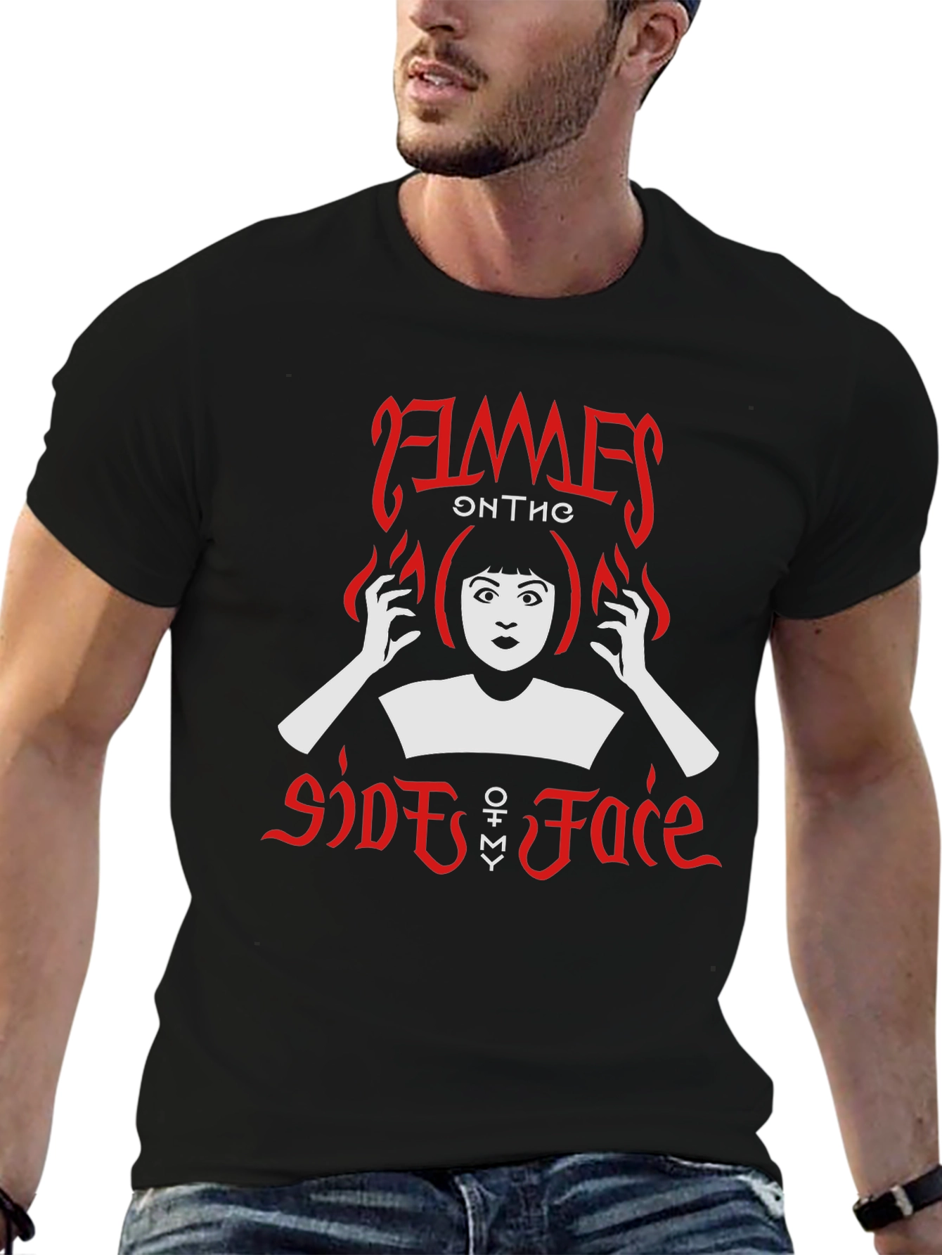 Flames on the Side of Face Black Graphic Tee