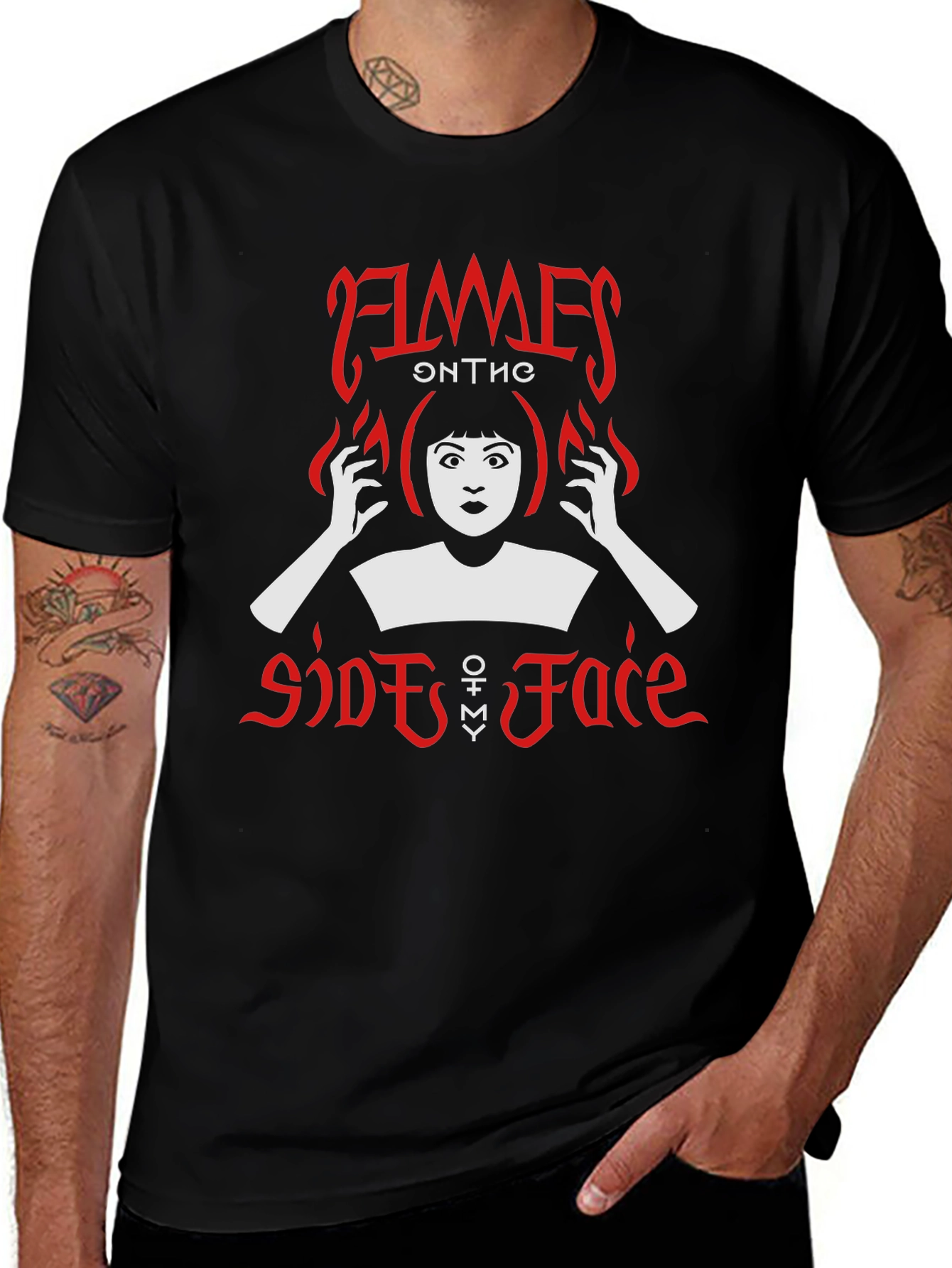 Flames on the Side of Face Black Graphic Tee