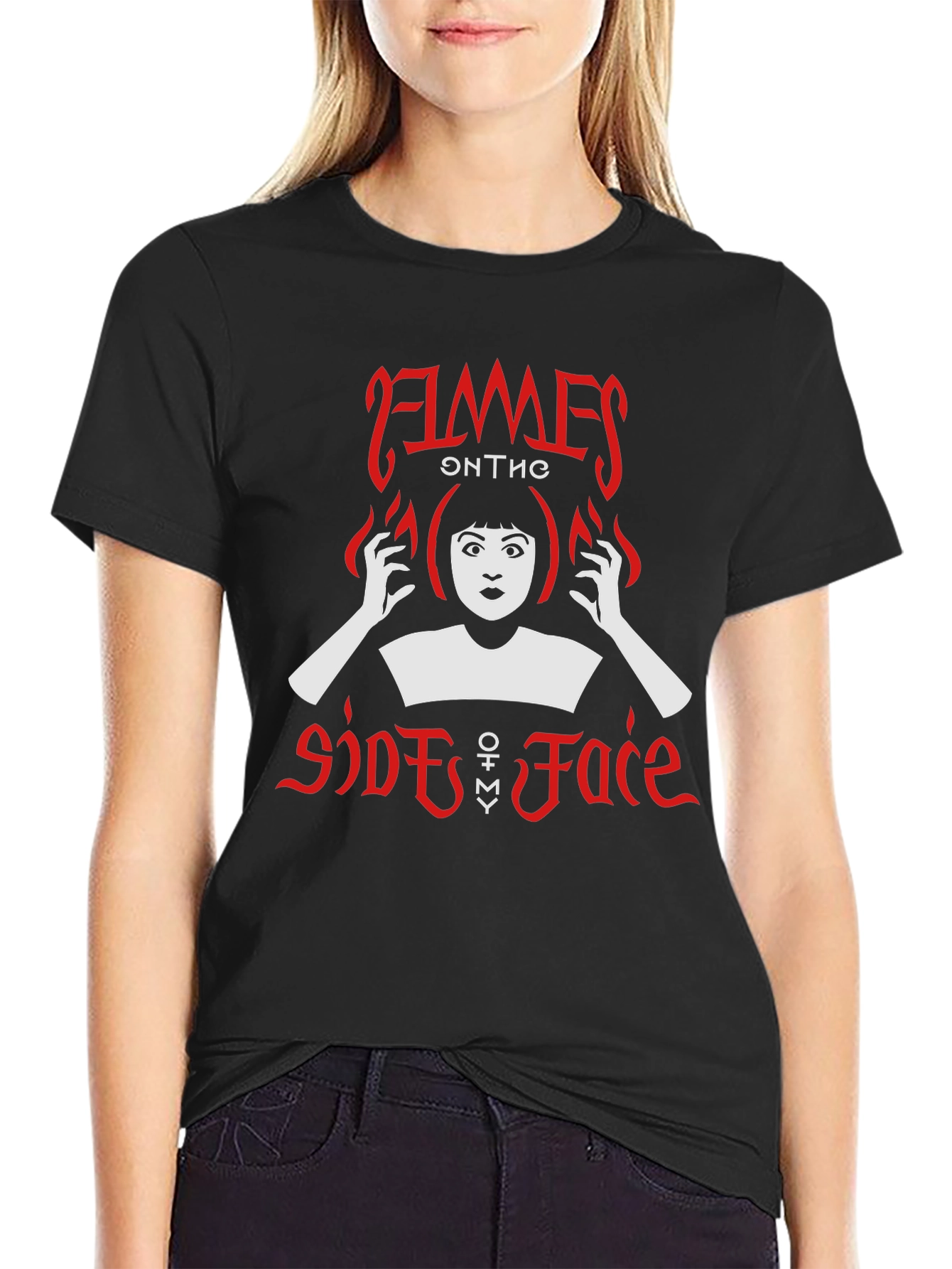 Flames on the Side of Face Black Graphic Tee