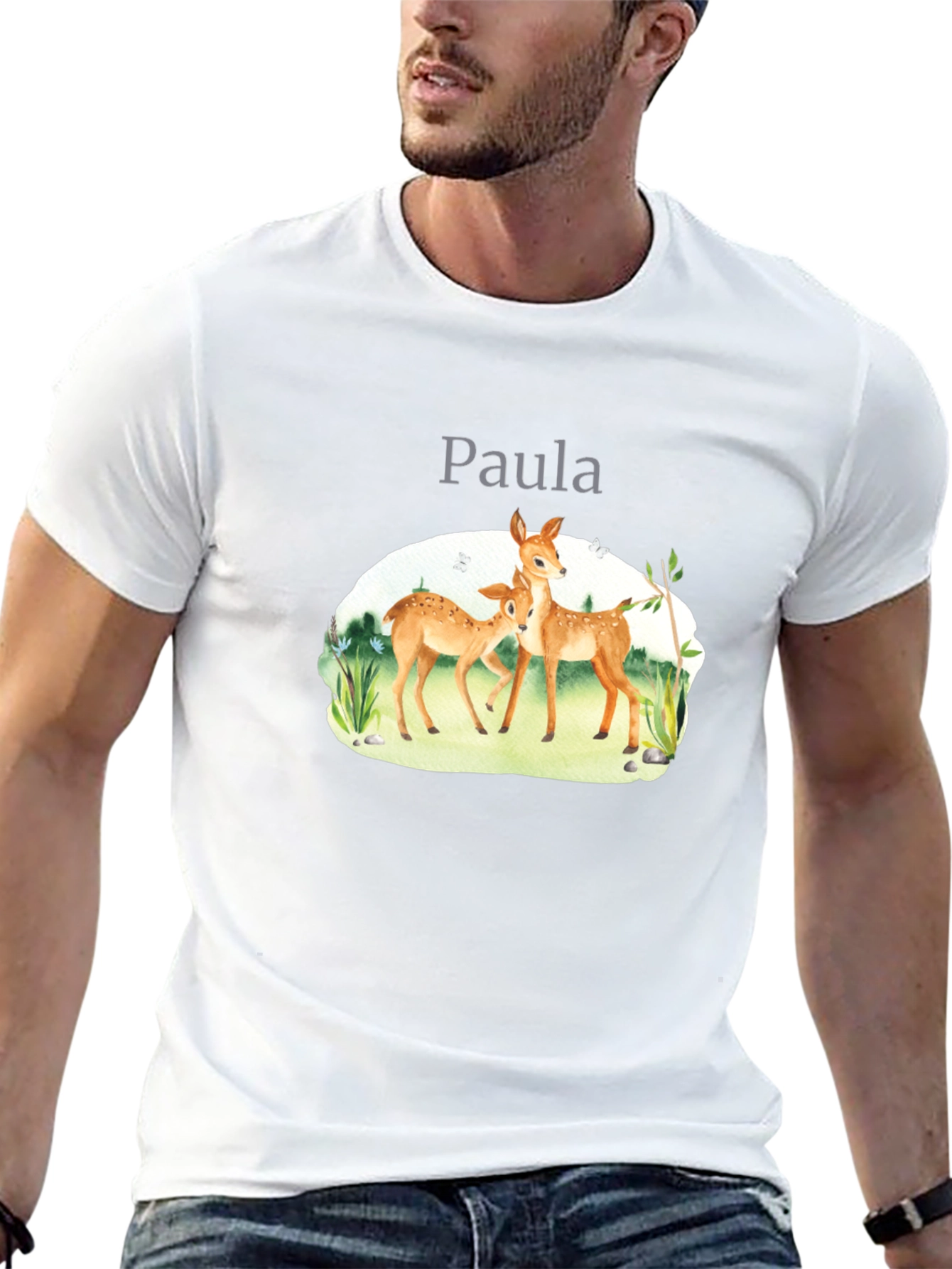 Deer with Name Black T-Shirt