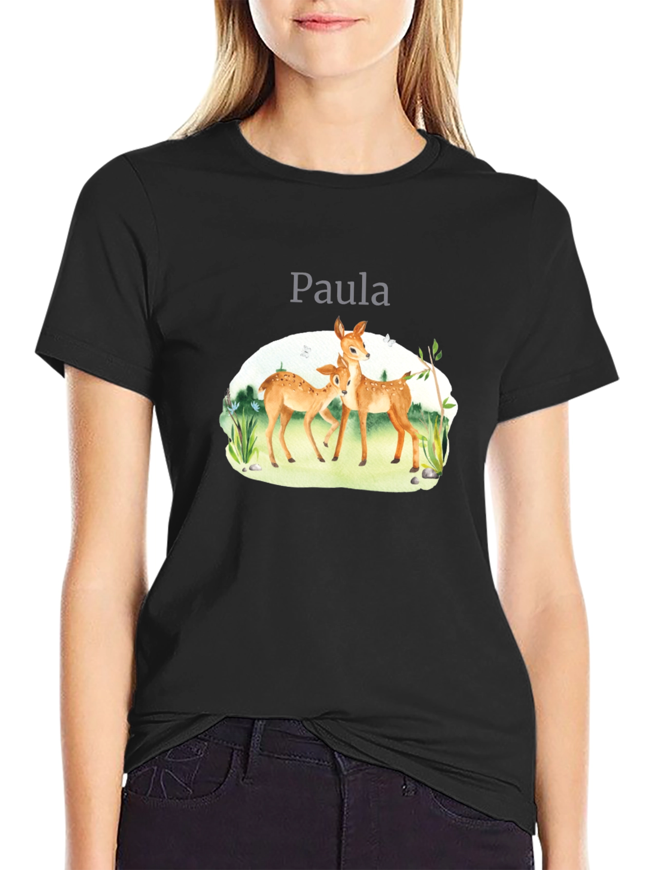 Deer with Name Black T-Shirt