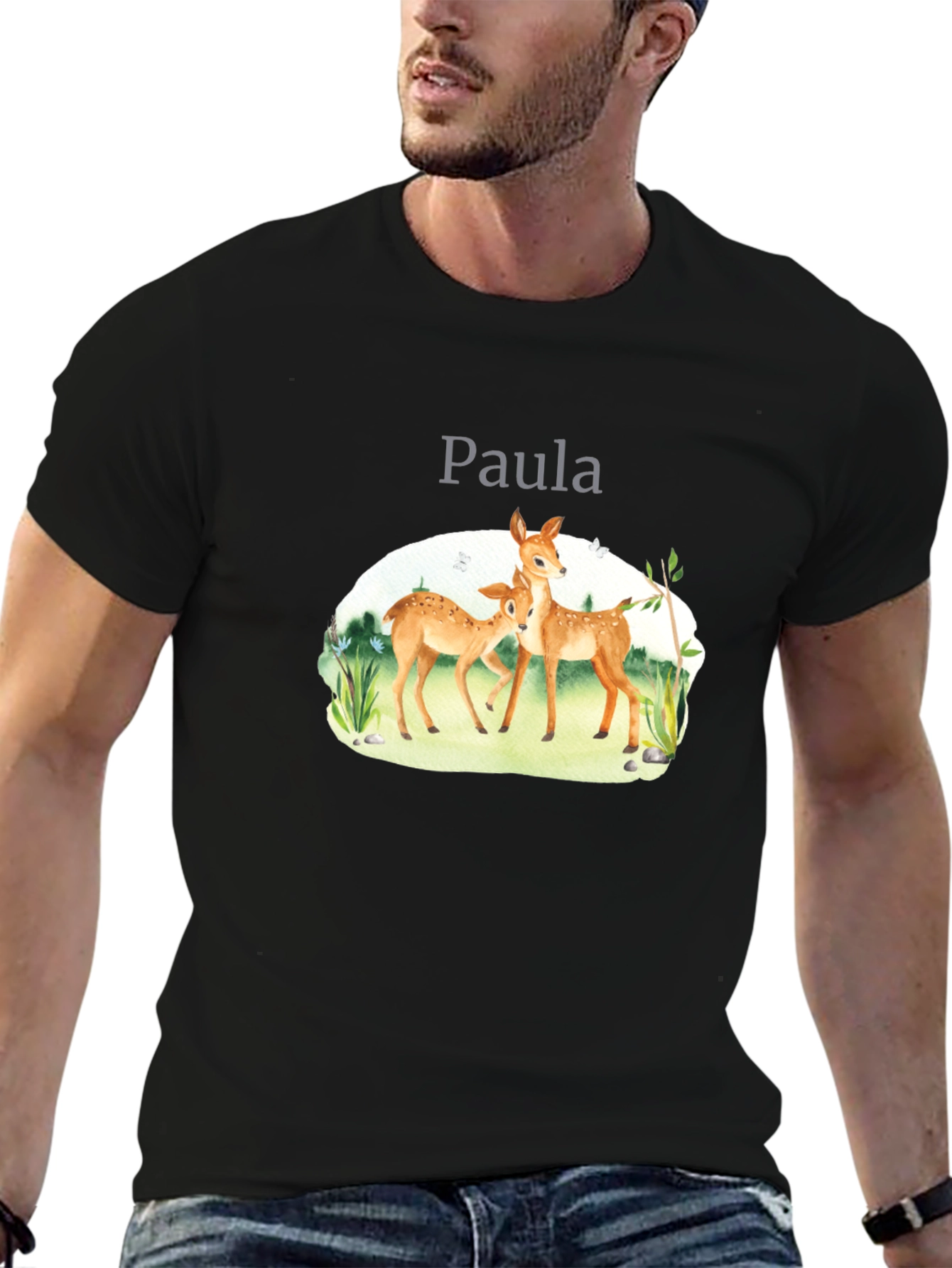 Deer with Name Black T-Shirt