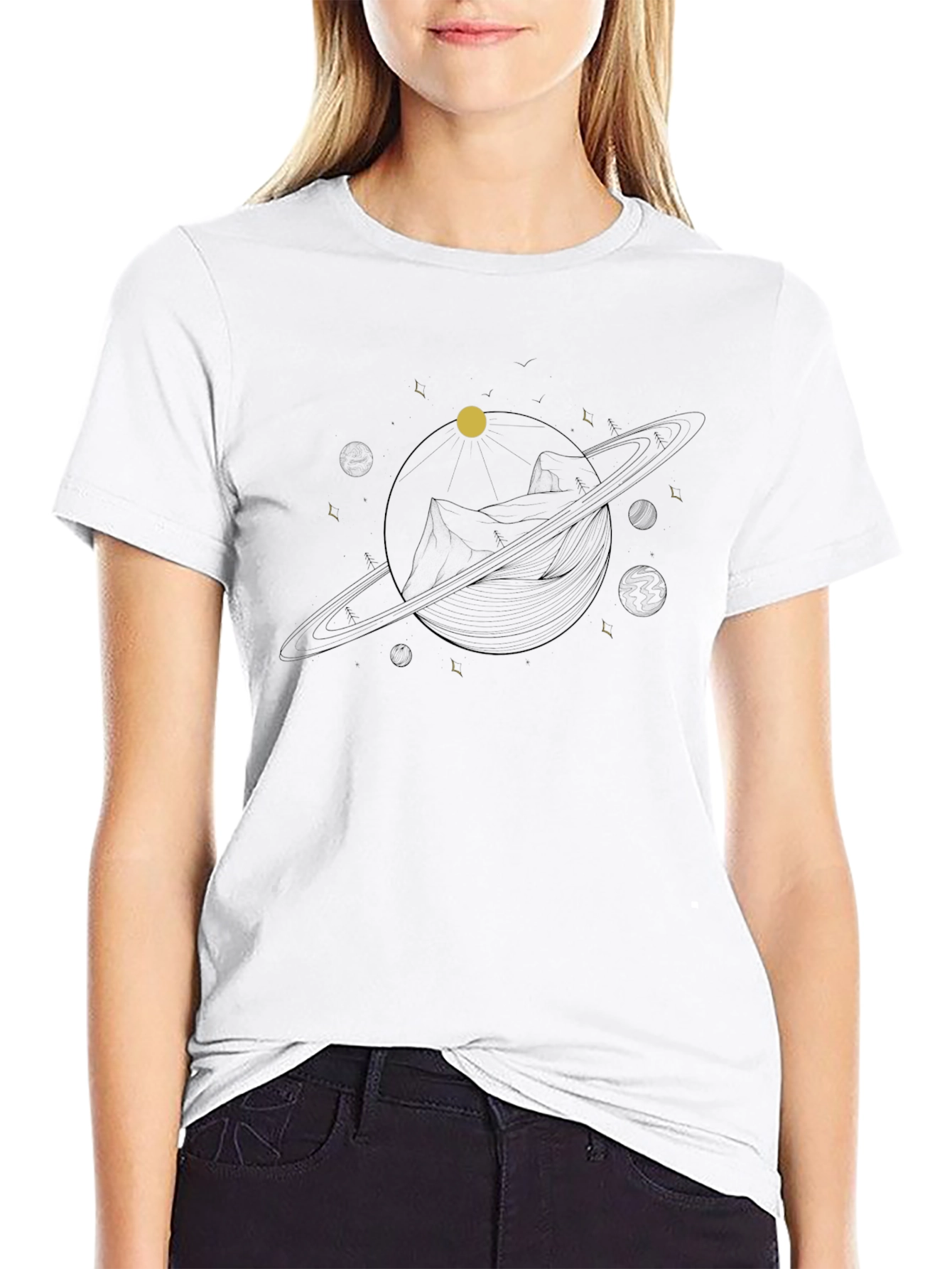 Abstract Saturn Graphic Tee - Modern Black T-Shirt