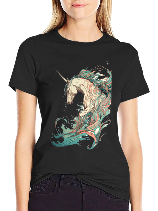 Unicorn Wave Graphic Tee - Black Cotton T-Shirt