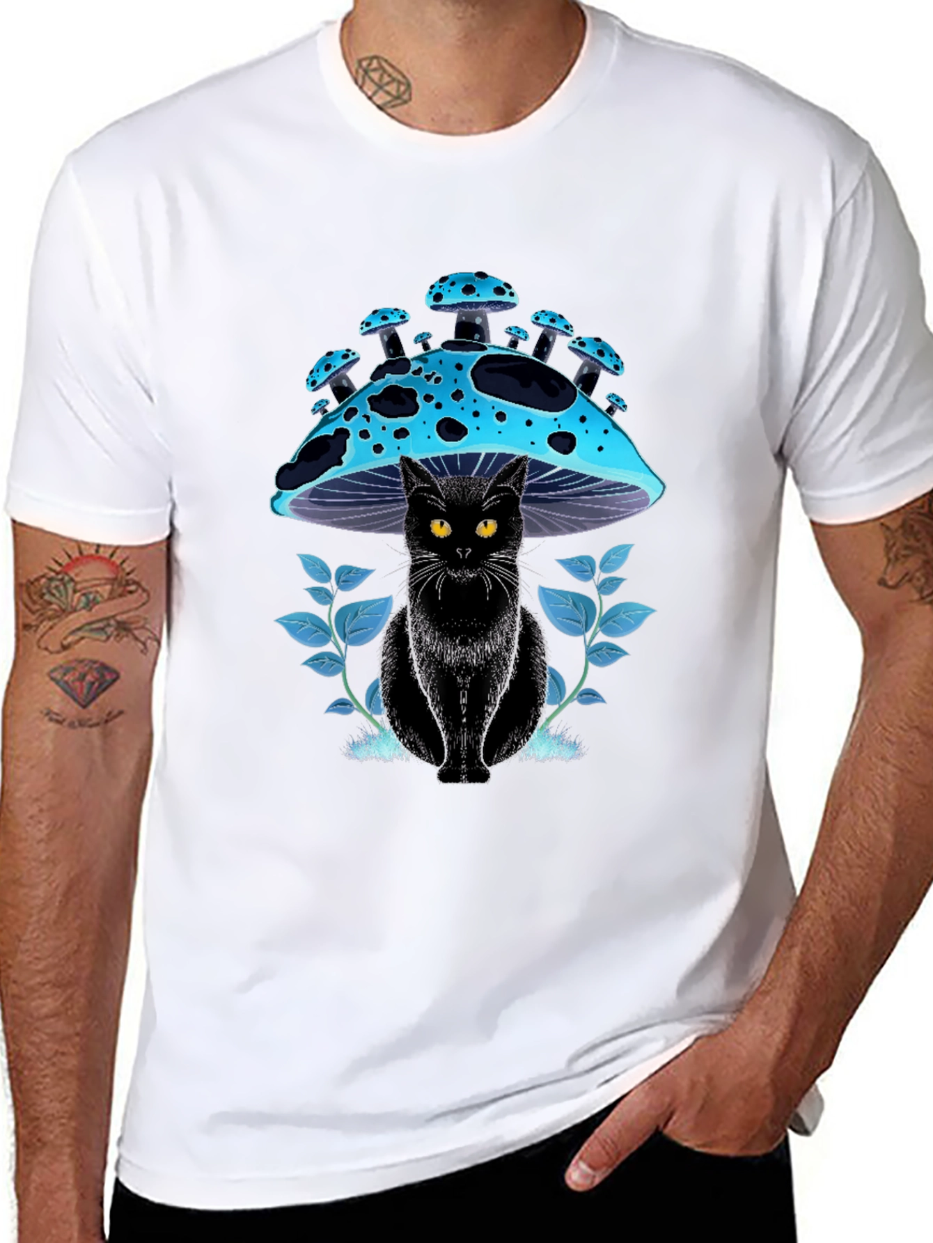 Black Cat Mushroom T-Shirt - Unique Graphic Tee