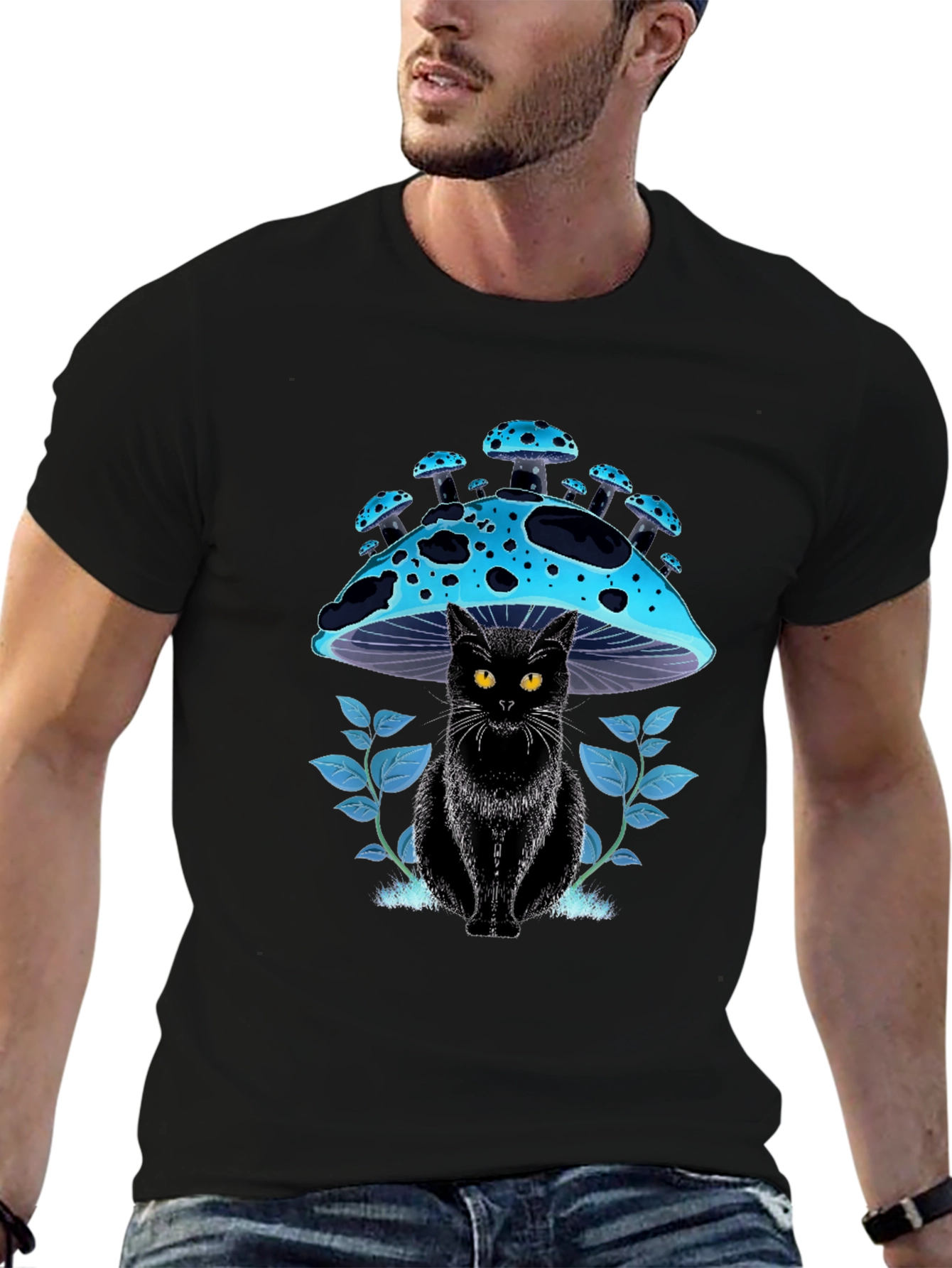 Black Cat Mushroom T-Shirt - Unique Graphic Tee
