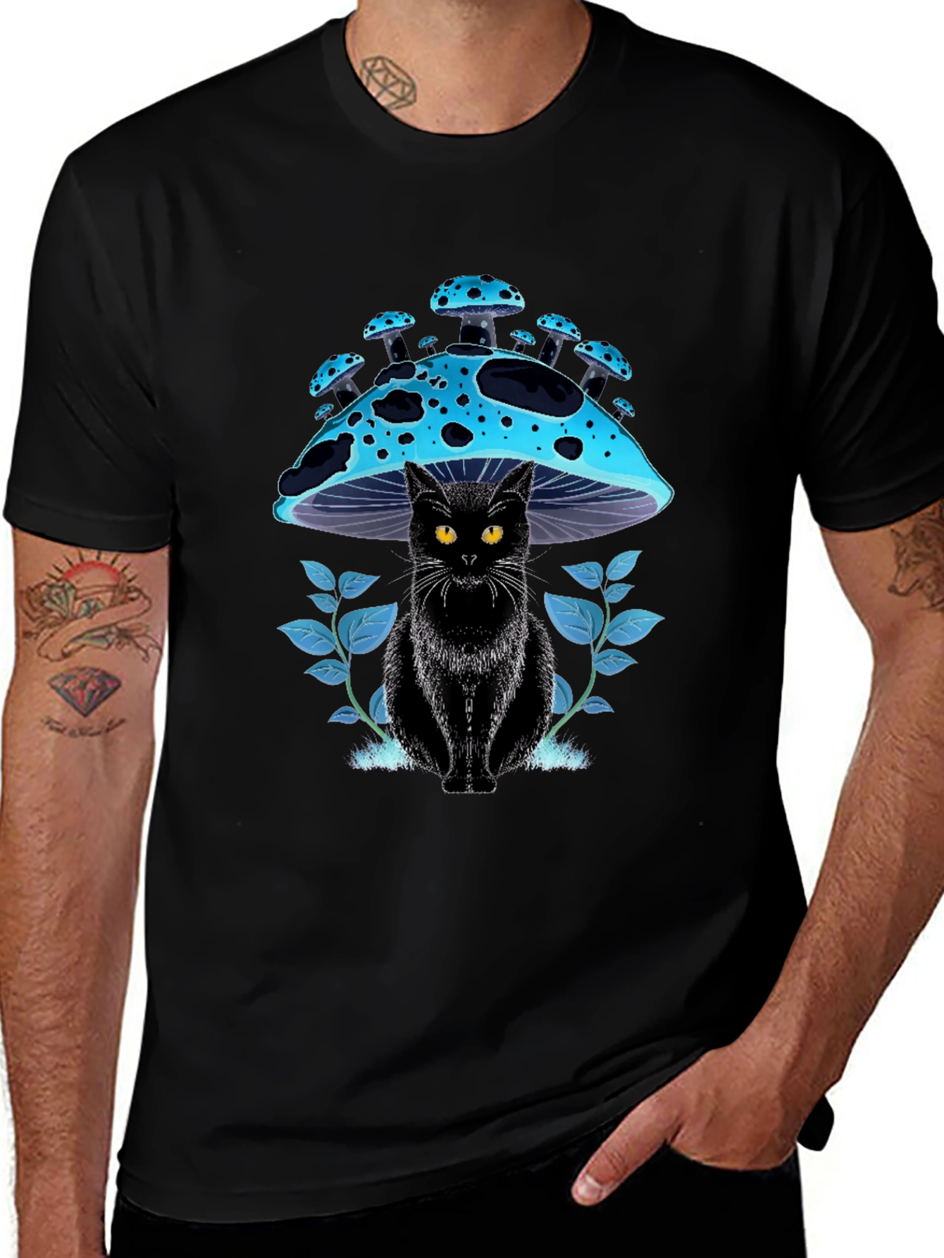 Black Cat Mushroom T-Shirt - Unique Graphic Tee