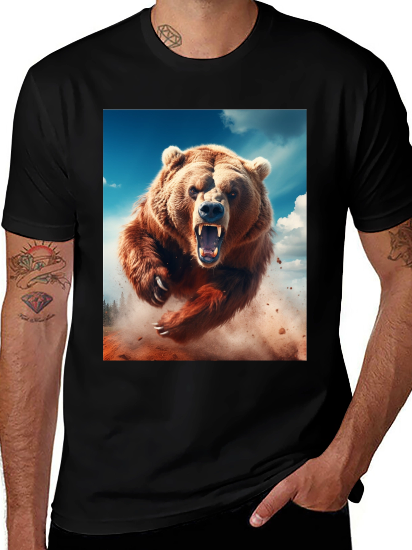 Roaring Bear Graphic Tee - Black Cotton Comfort