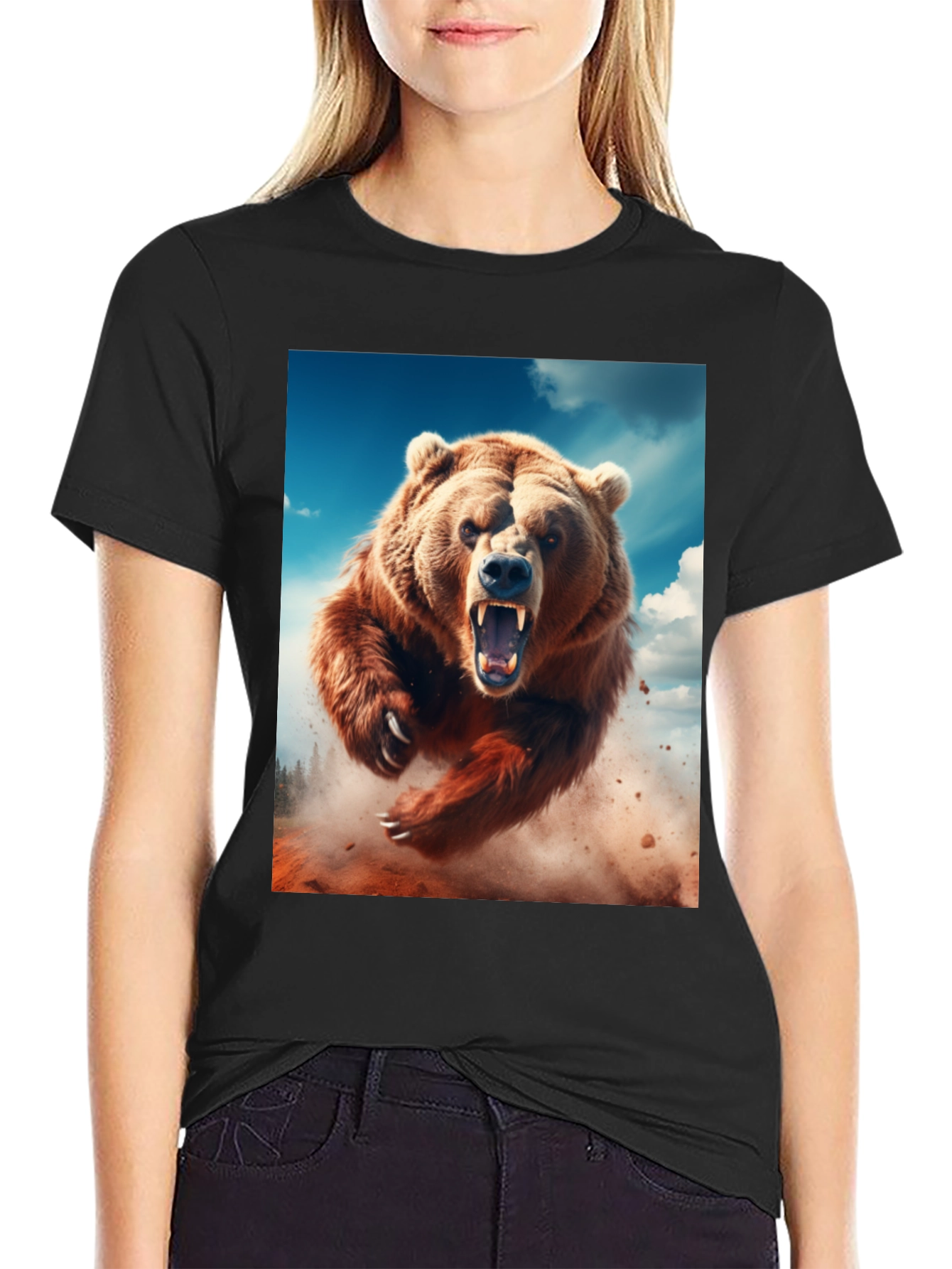 Roaring Bear Graphic Tee - Black Cotton Comfort