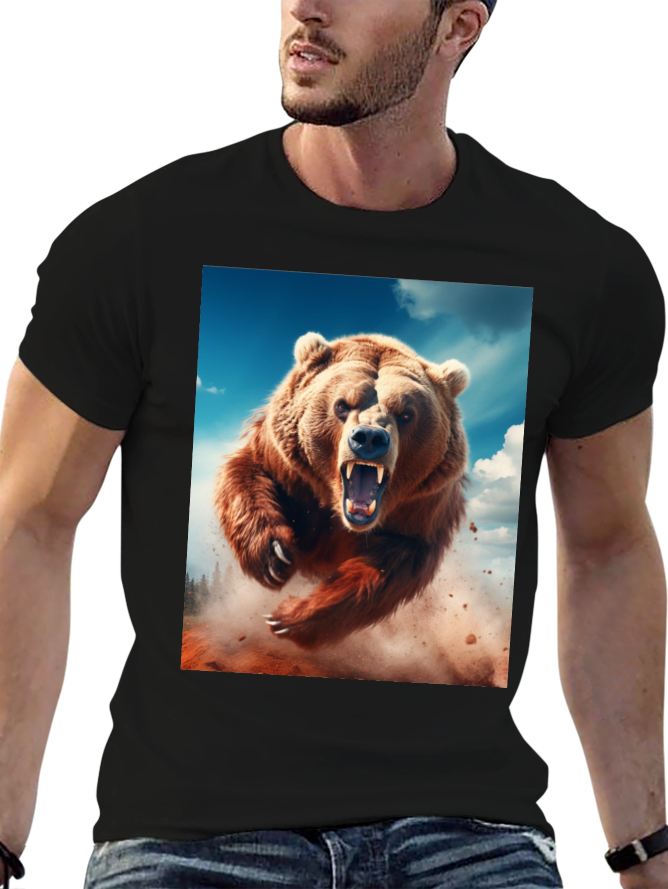 Roaring Bear Graphic Tee - Black Cotton Comfort