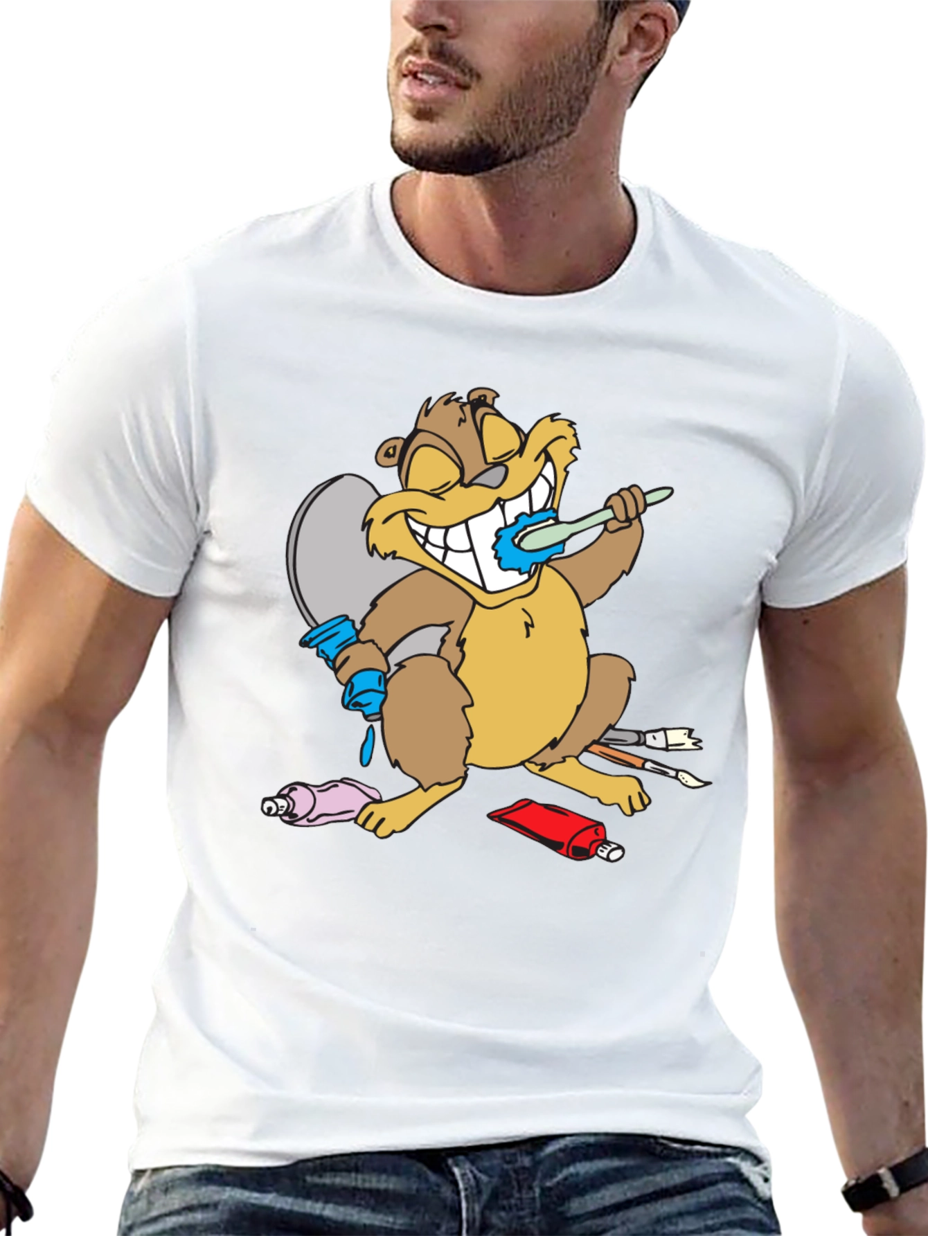 Cartoon Beaver Artist Funny T-Shirt