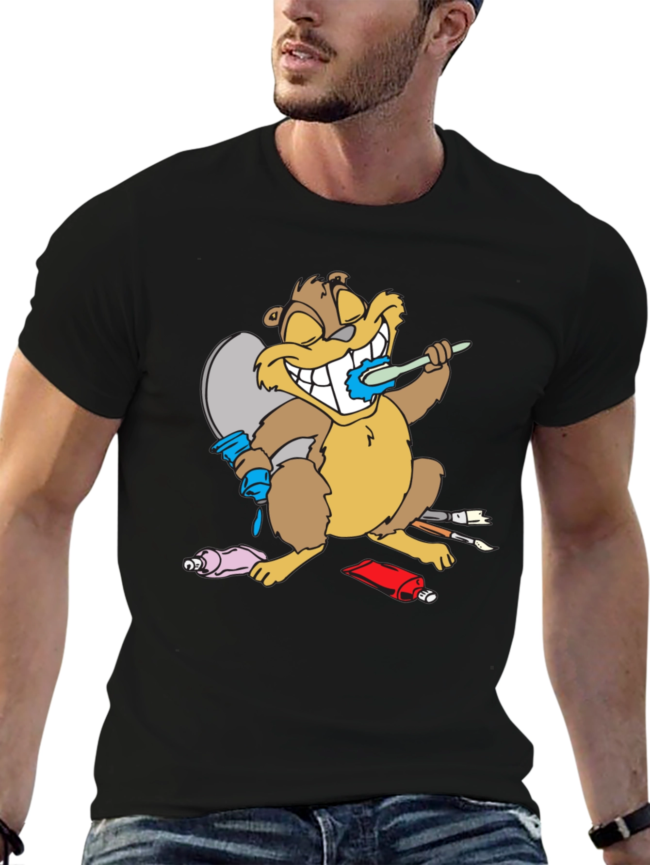 Cartoon Beaver Artist Funny T-Shirt
