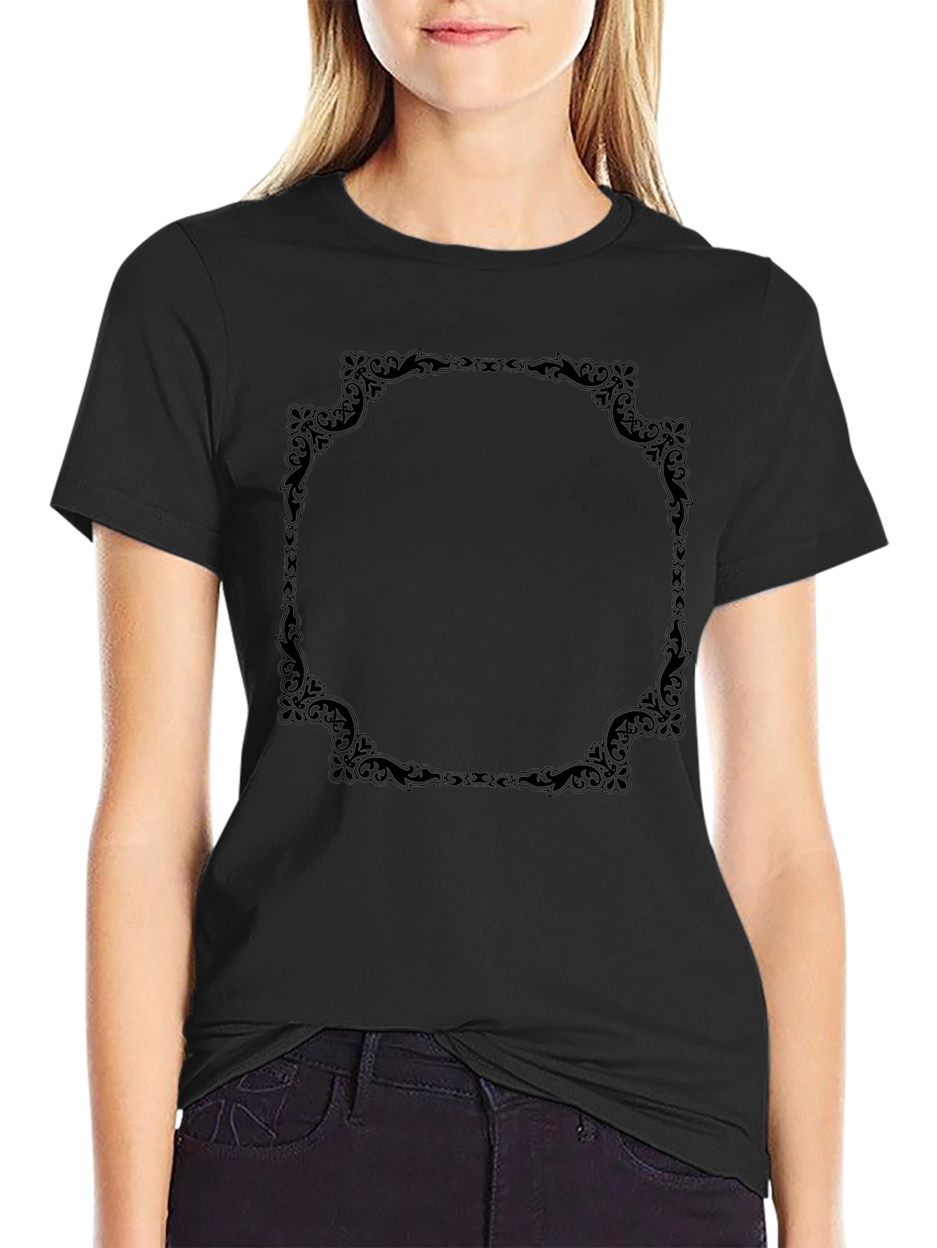 Elegant Black T-Shirt with Ornate Frame Design