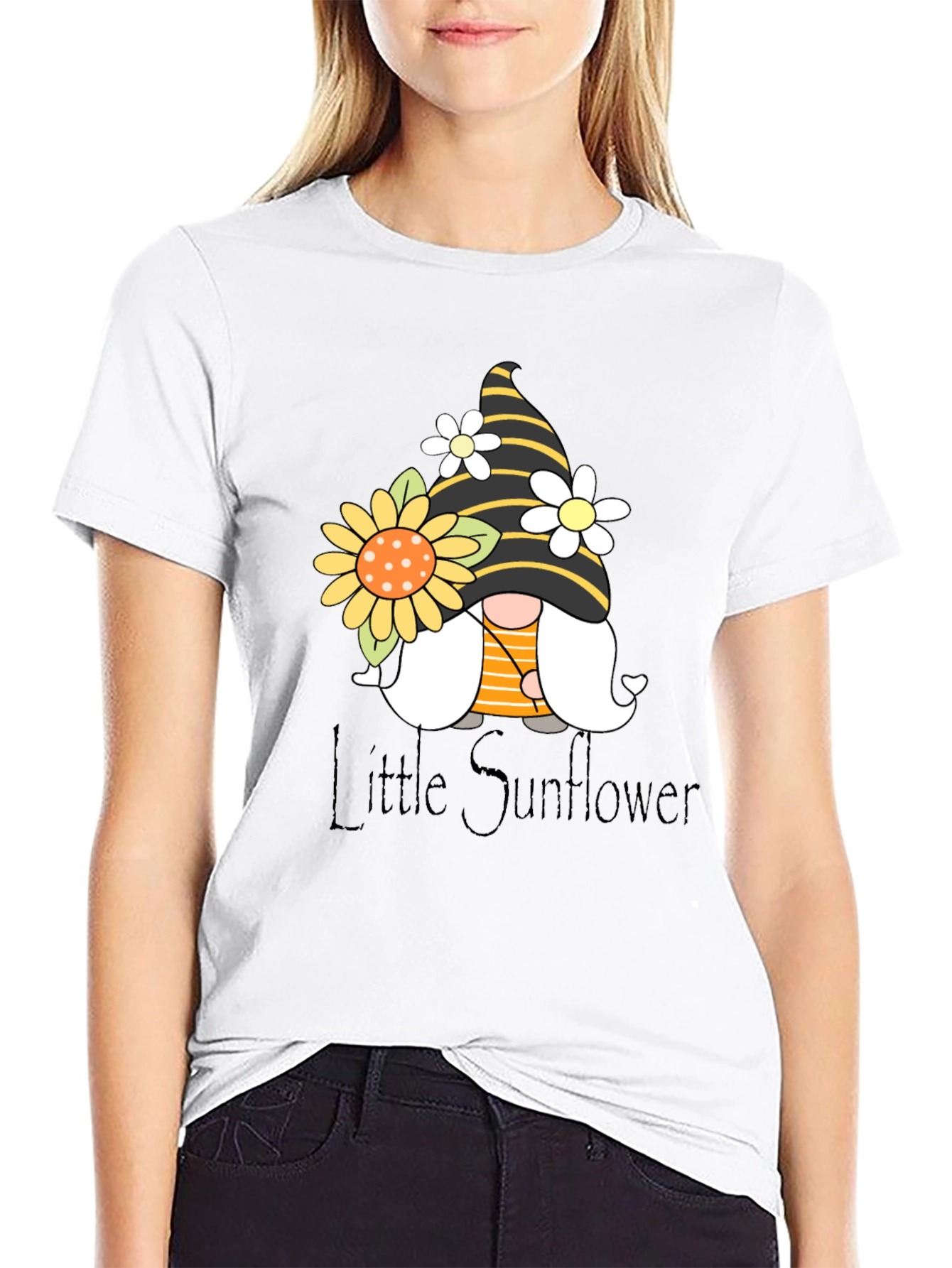 Little Sunflower Gnome Black T-Shirt