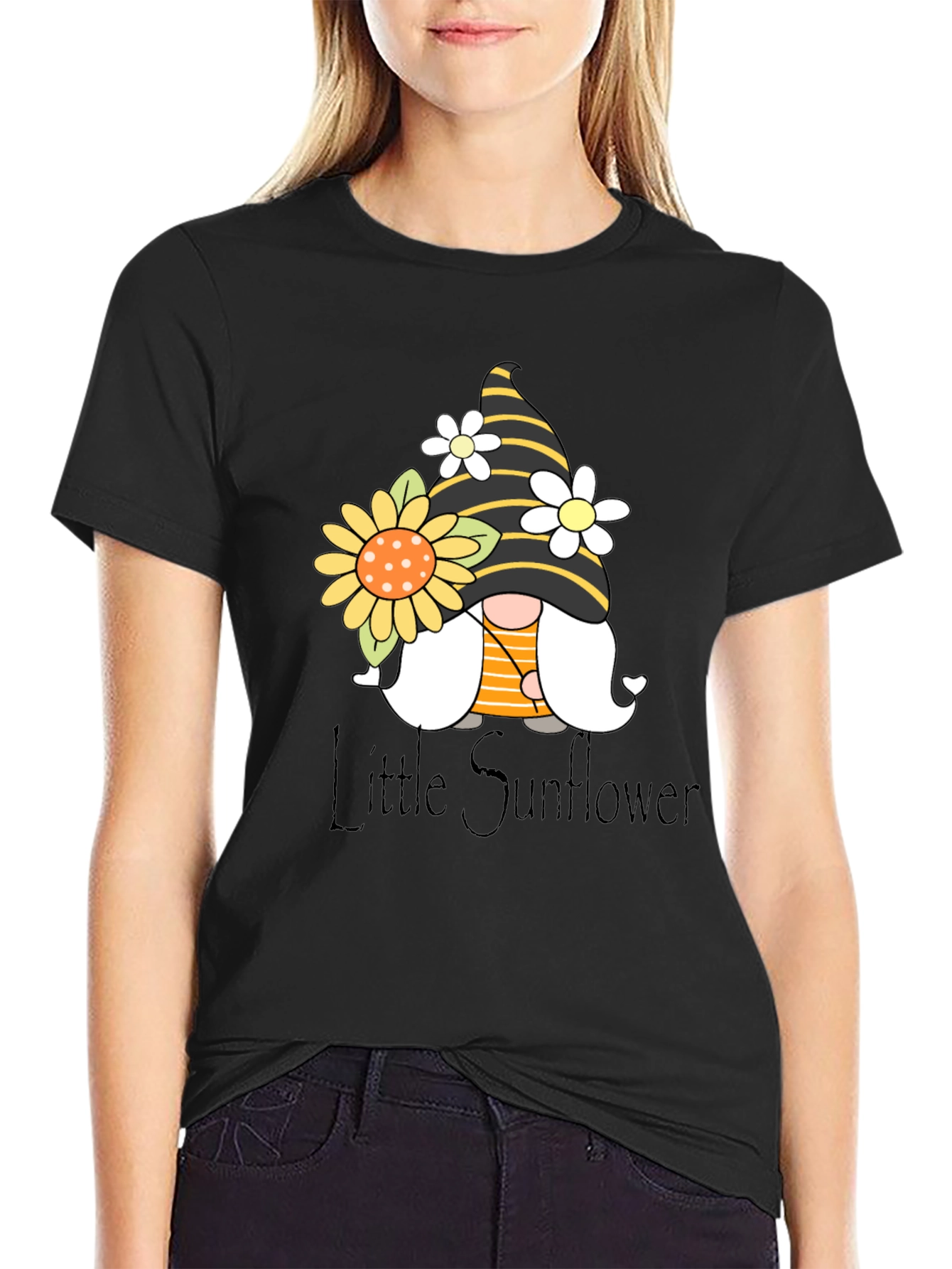 Little Sunflower Gnome Black T-Shirt