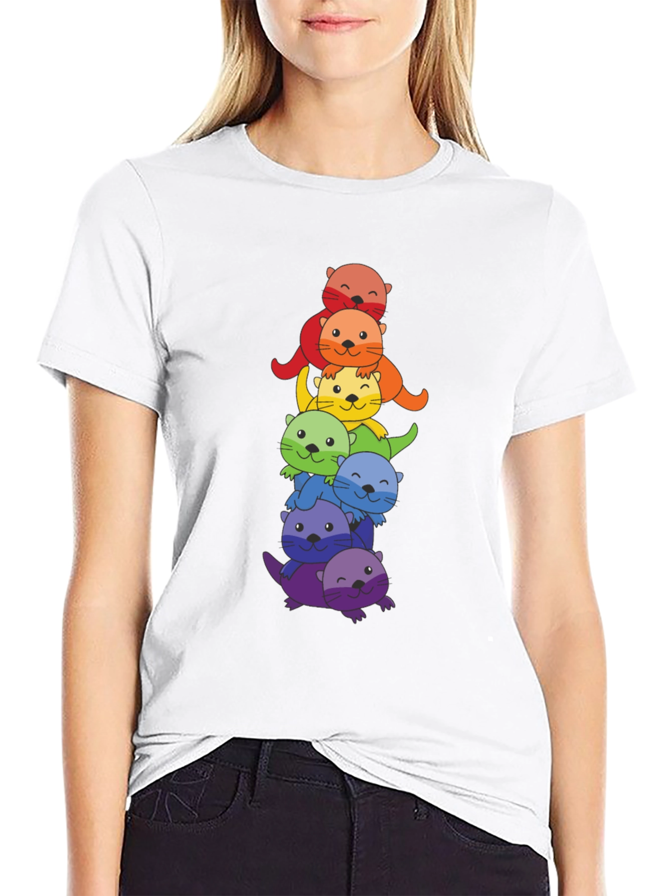Rainbow Otter Stack Graphic T-Shirt