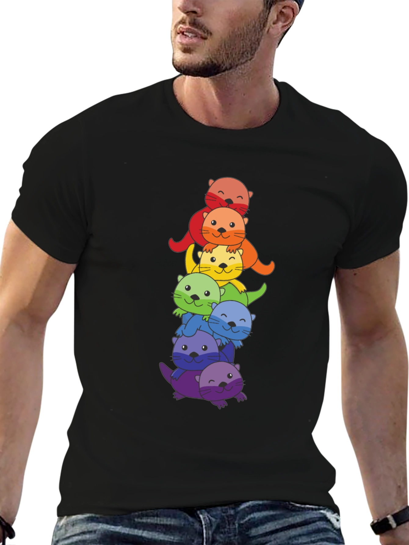 Rainbow Otter Stack Graphic T-Shirt