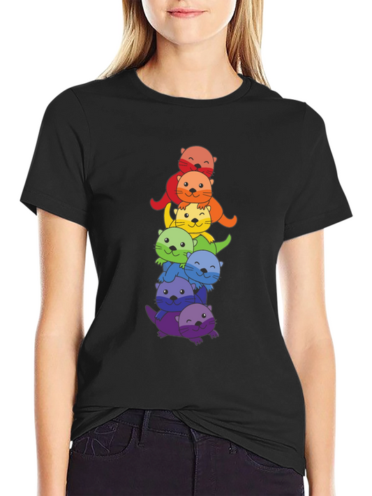 Rainbow Otter Stack Graphic T-Shirt