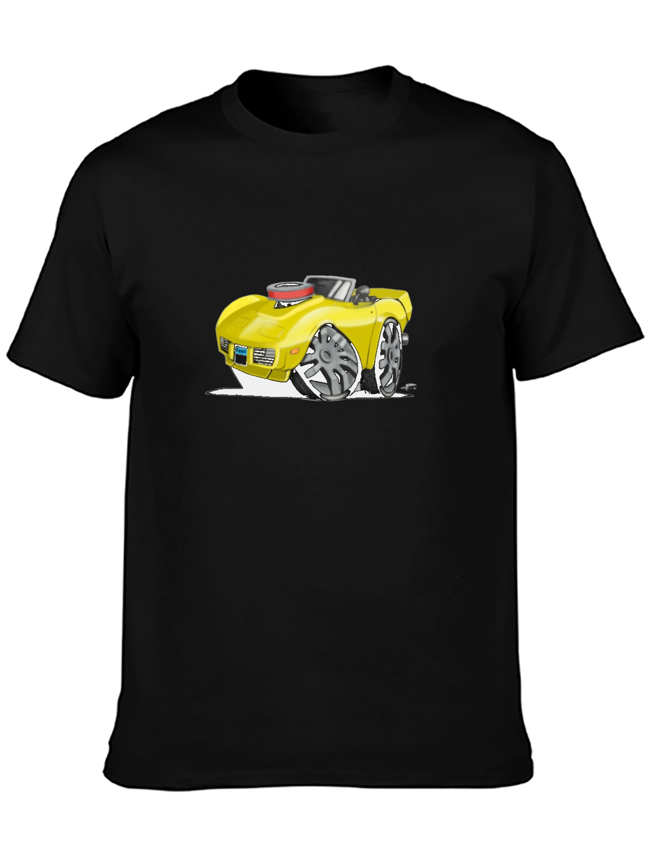Cartoon Car Graphic Tee - Black Cotton T-Shirt