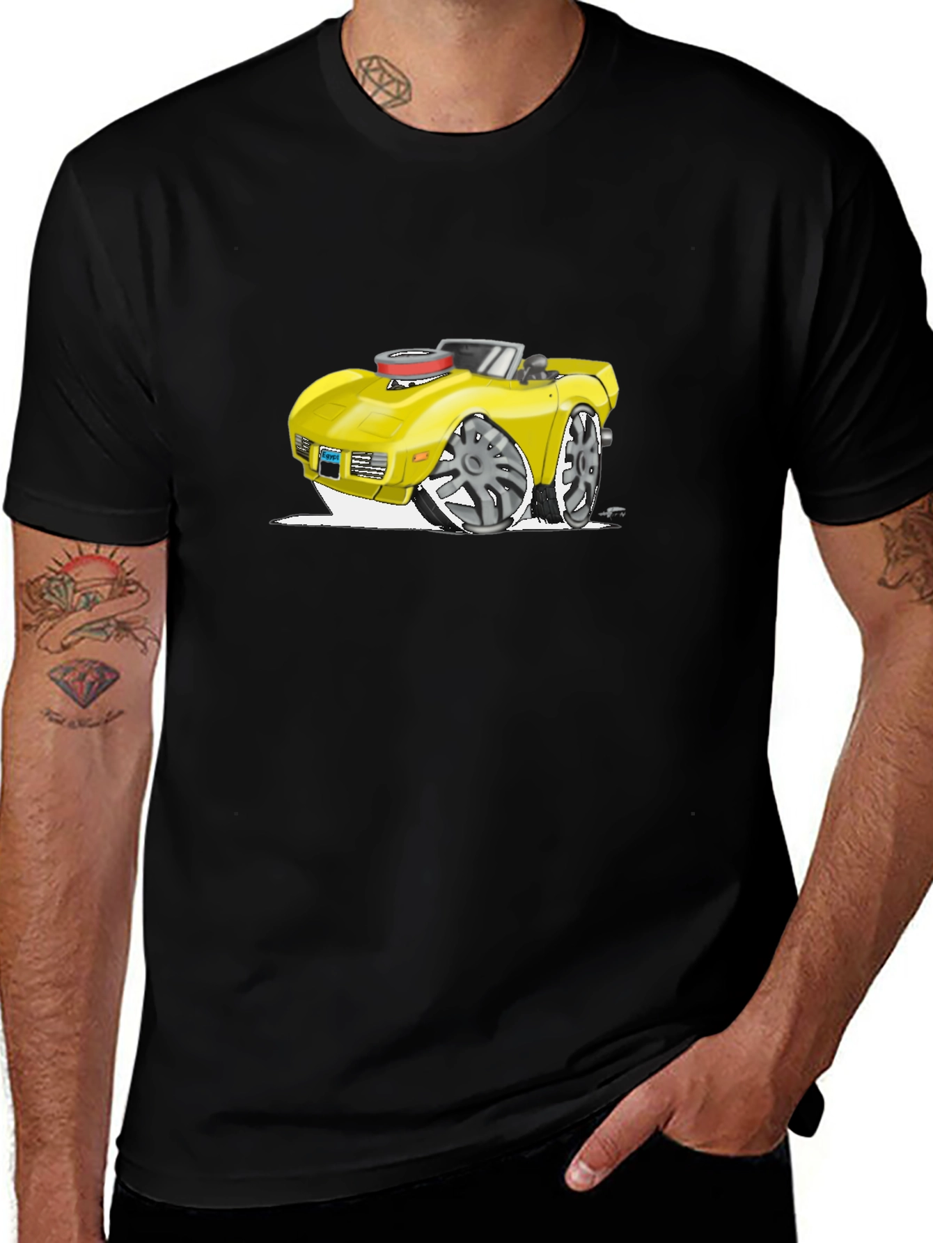 Cartoon Car Graphic Tee - Black Cotton T-Shirt