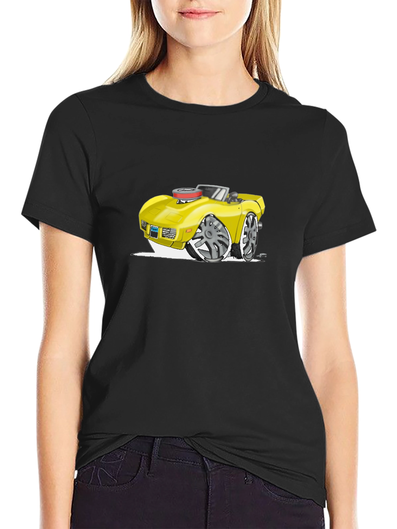 Cartoon Car Graphic Tee - Black Cotton T-Shirt