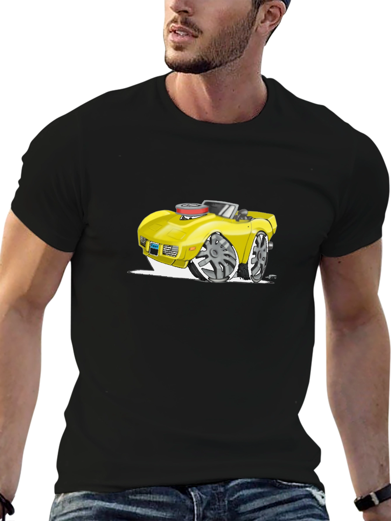 Cartoon Car Graphic Tee - Black Cotton T-Shirt