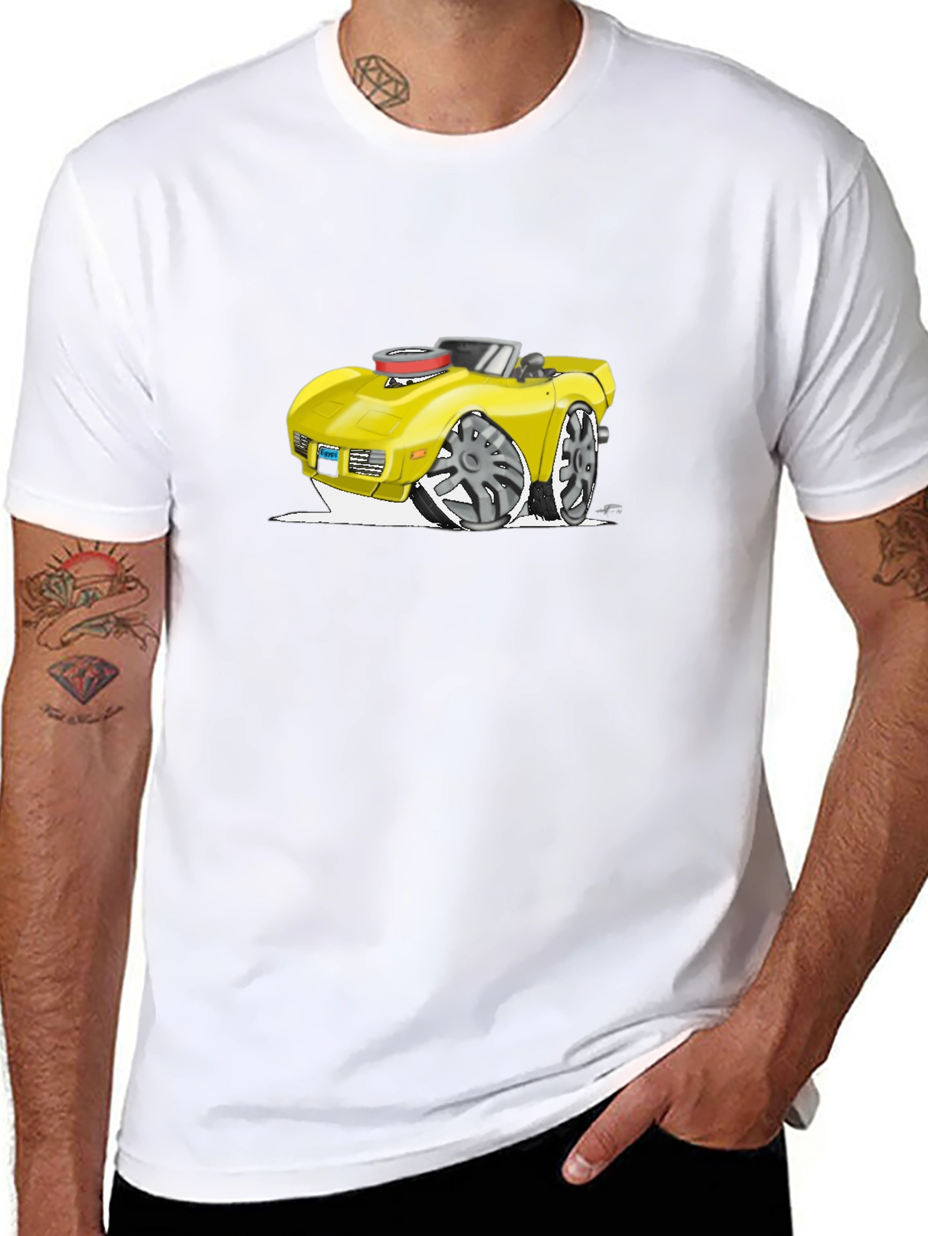 Cartoon Car Graphic Tee - Black Cotton T-Shirt