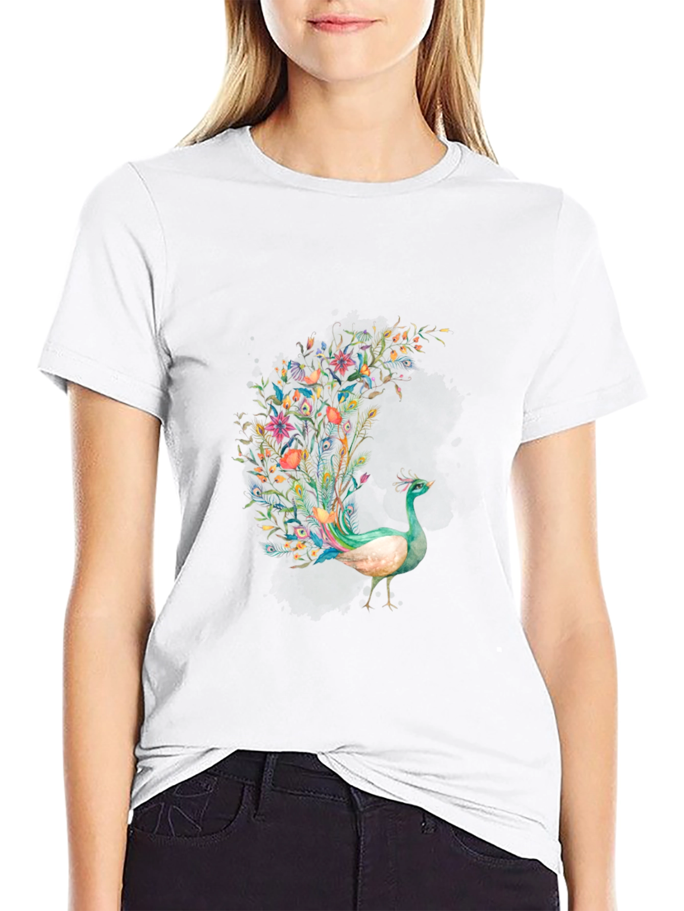 Floral Peacock Graphic Black T-Shirt