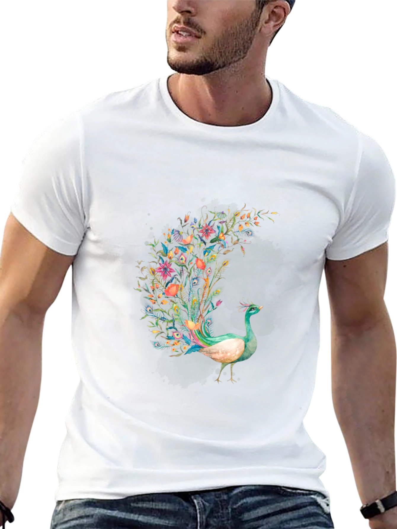 Floral Peacock Graphic Black T-Shirt