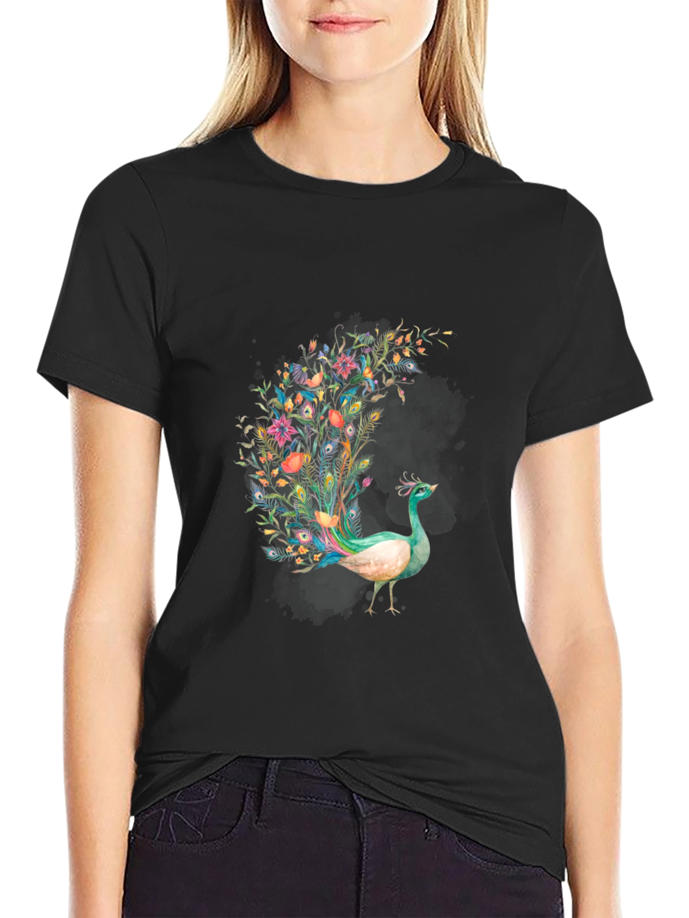 Floral Peacock Graphic Black T-Shirt