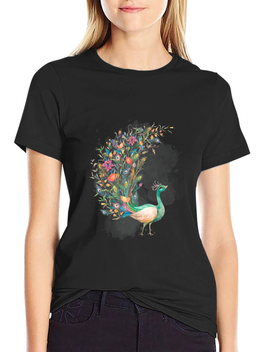 Floral Peacock Graphic Black T-Shirt