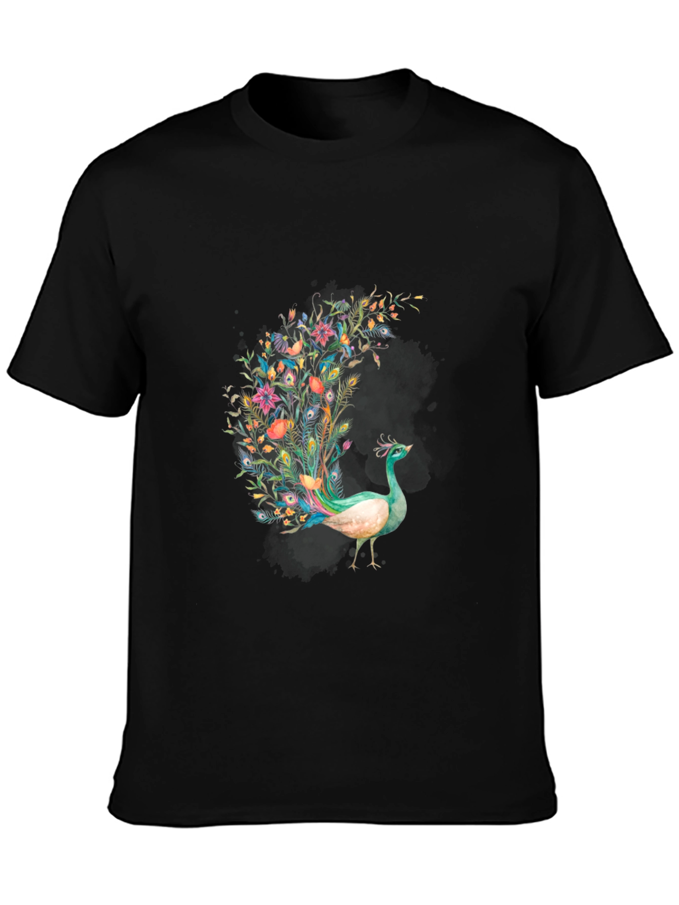 Floral Peacock Graphic Black T-Shirt