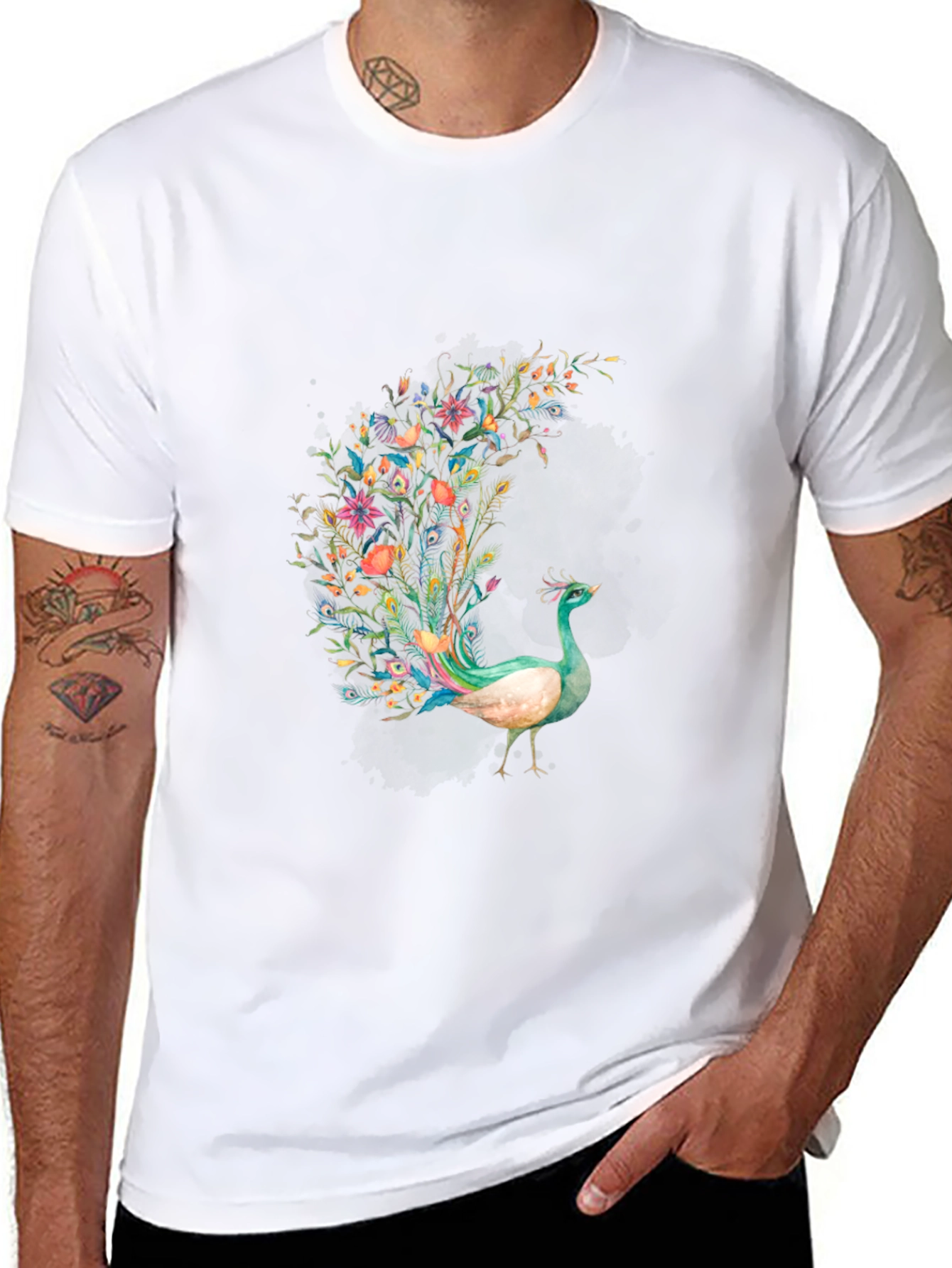 Floral Peacock Graphic Black T-Shirt
