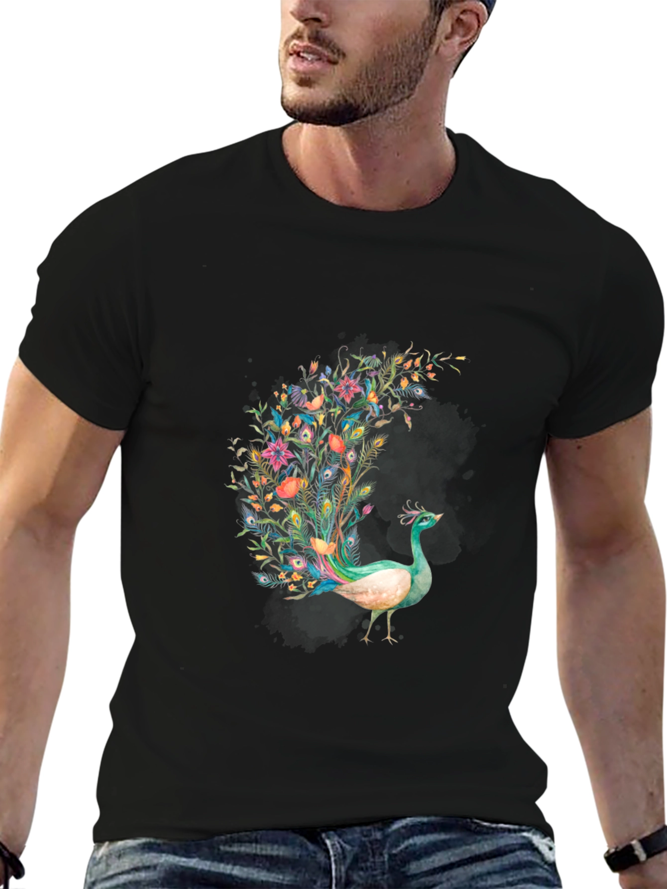Floral Peacock Graphic Black T-Shirt