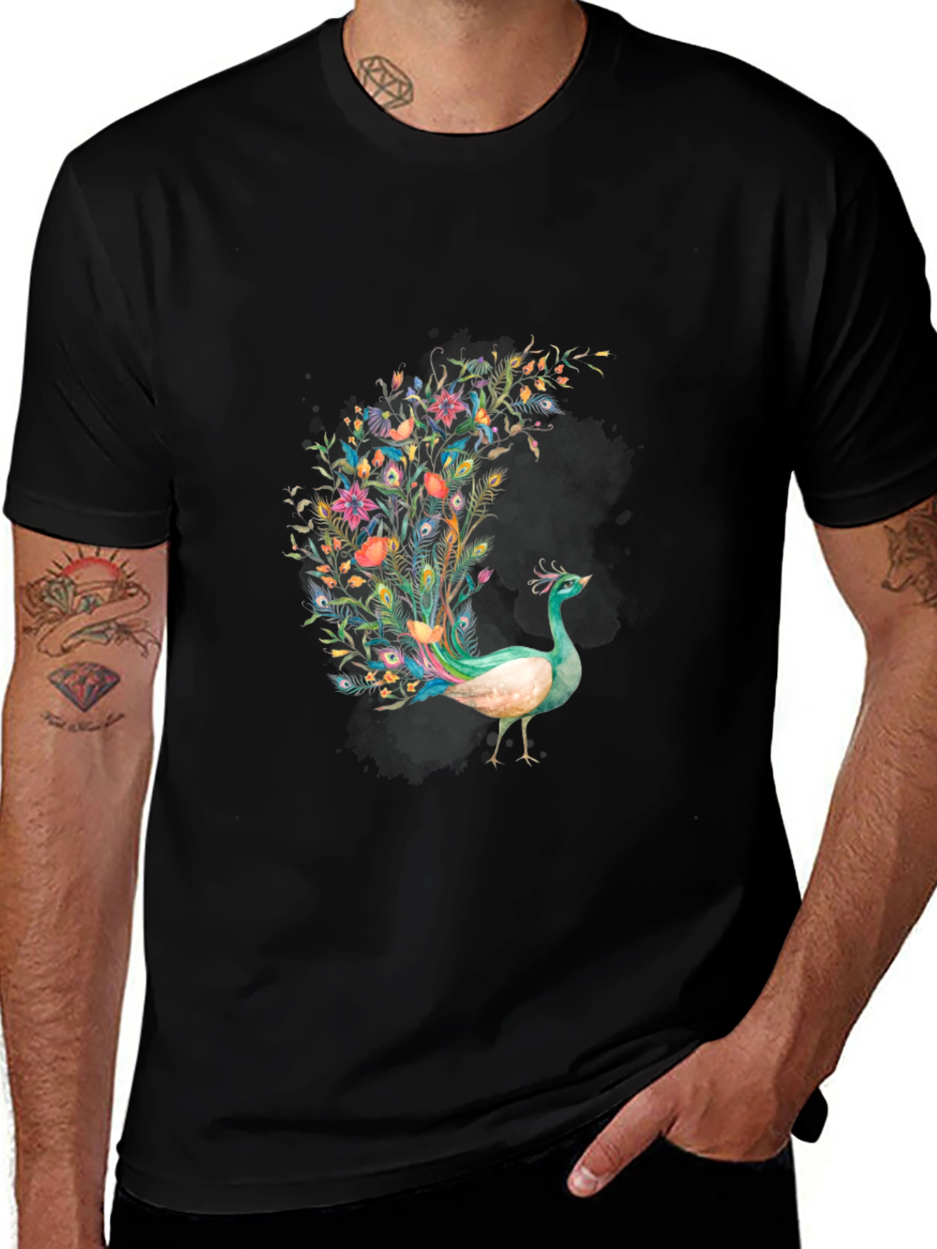 Floral Peacock Graphic Black T-Shirt